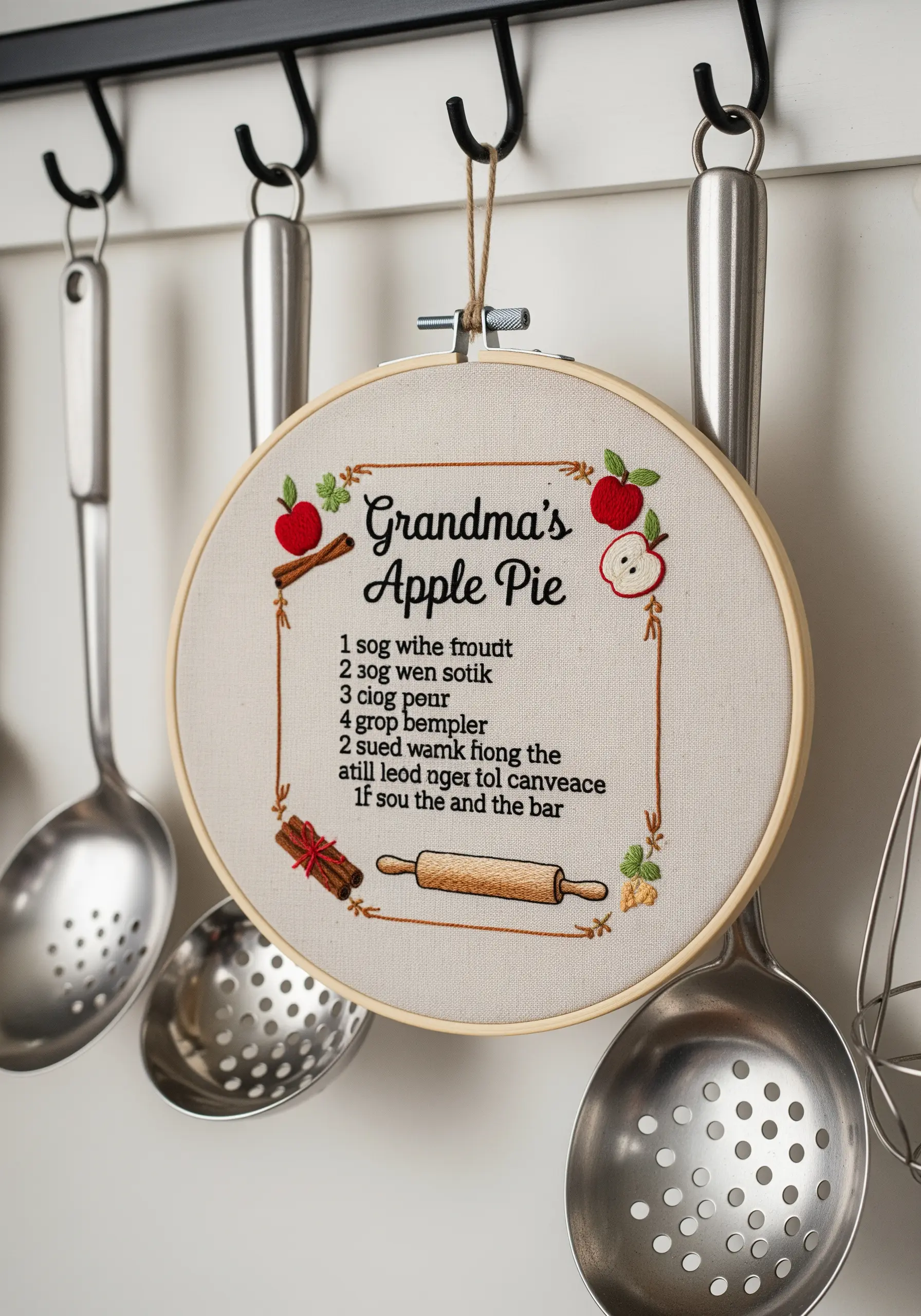 An embroidered hoop featuring 'Grandma's Apple Pie' recipe, decorated with stitched apples.