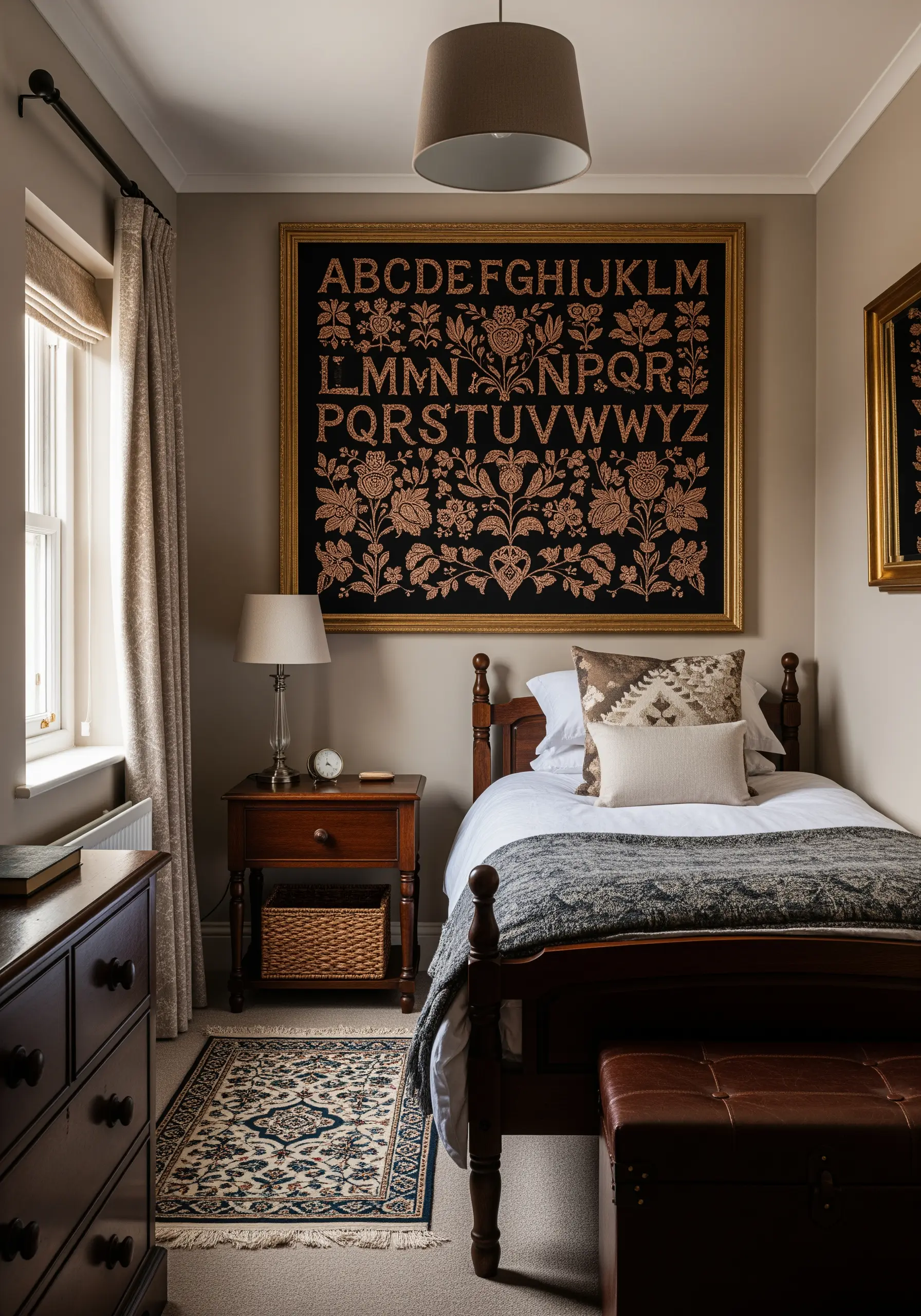 A large, framed antique-style embroidery sampler featuring the alphabet and floral motifs in copper on black.