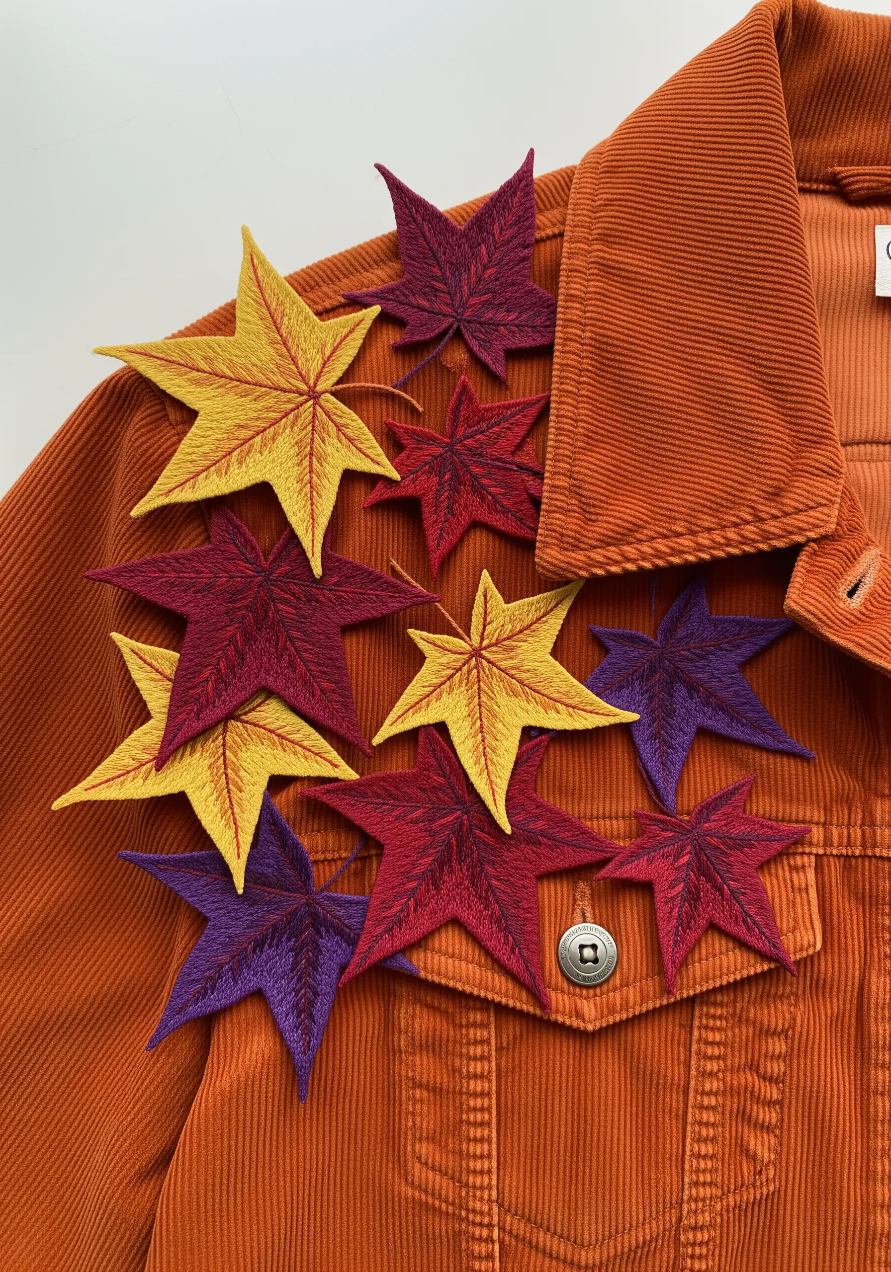 A collage of 3D embroidered maple leaves in autumn colors on a corduroy jacket.