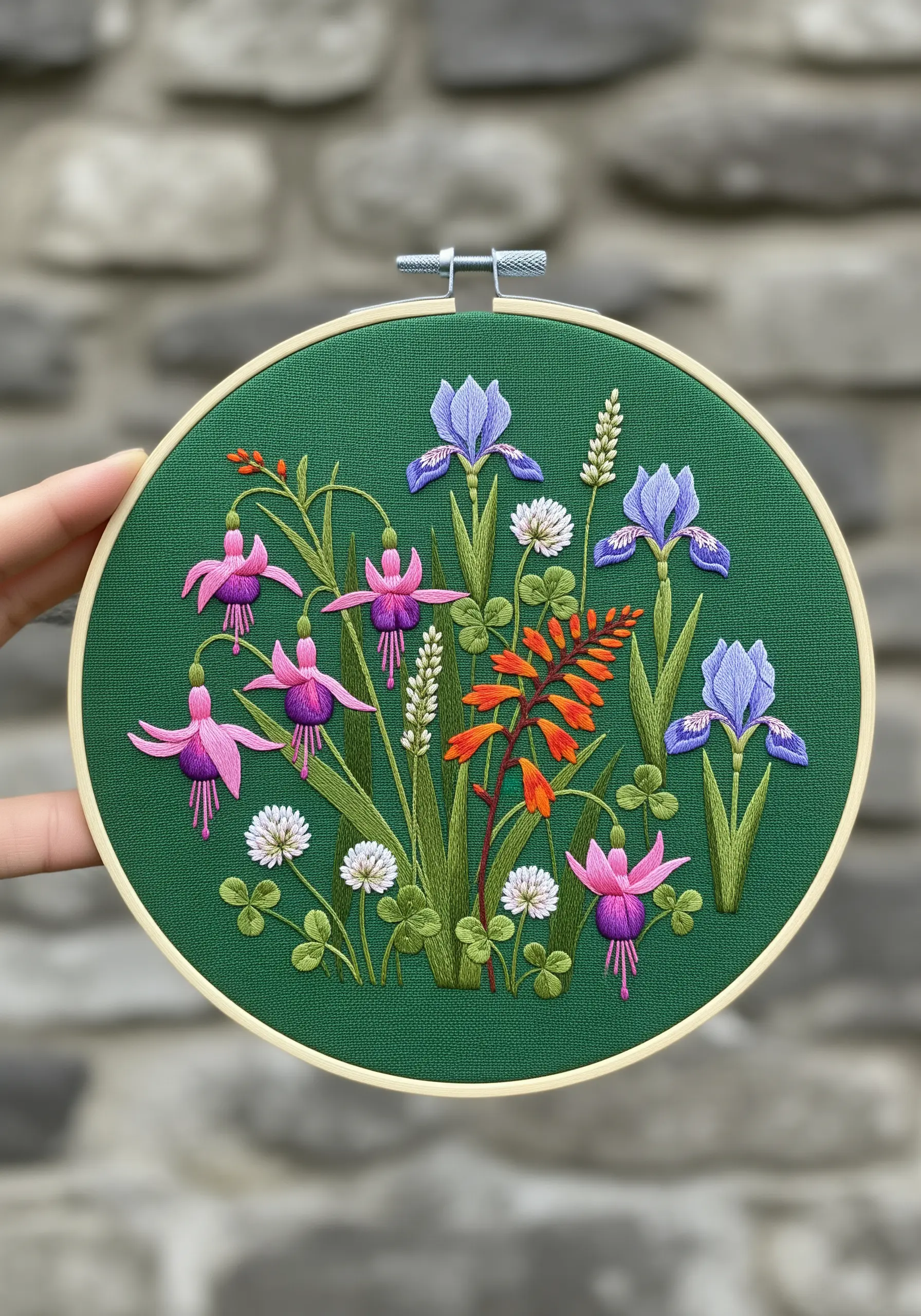 Embroidery hoop with a mixed bouquet of irises, fuchsias, and clover on green fabric.