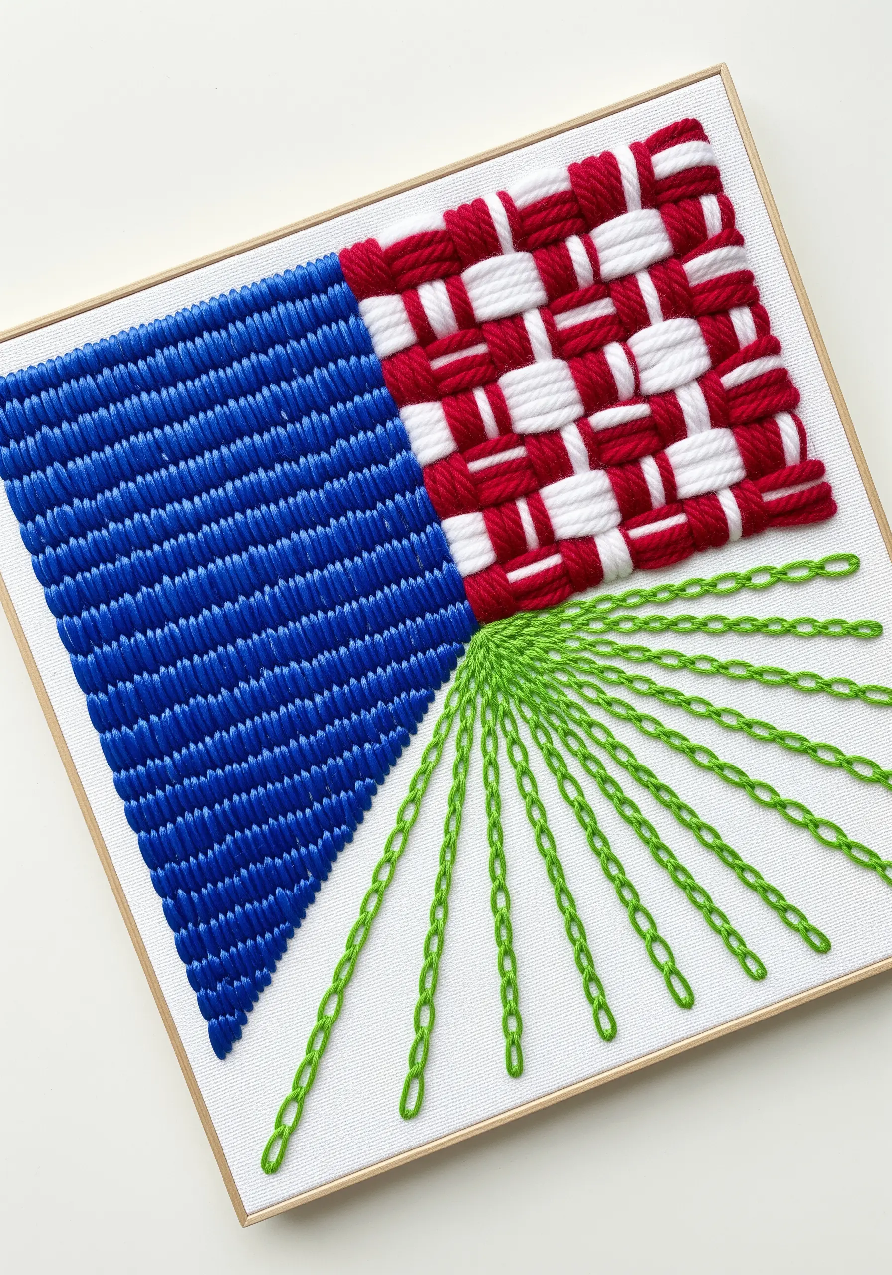Geometric abstract embroidery with blue satin stitch, red and white weaving, and green chain stitches.