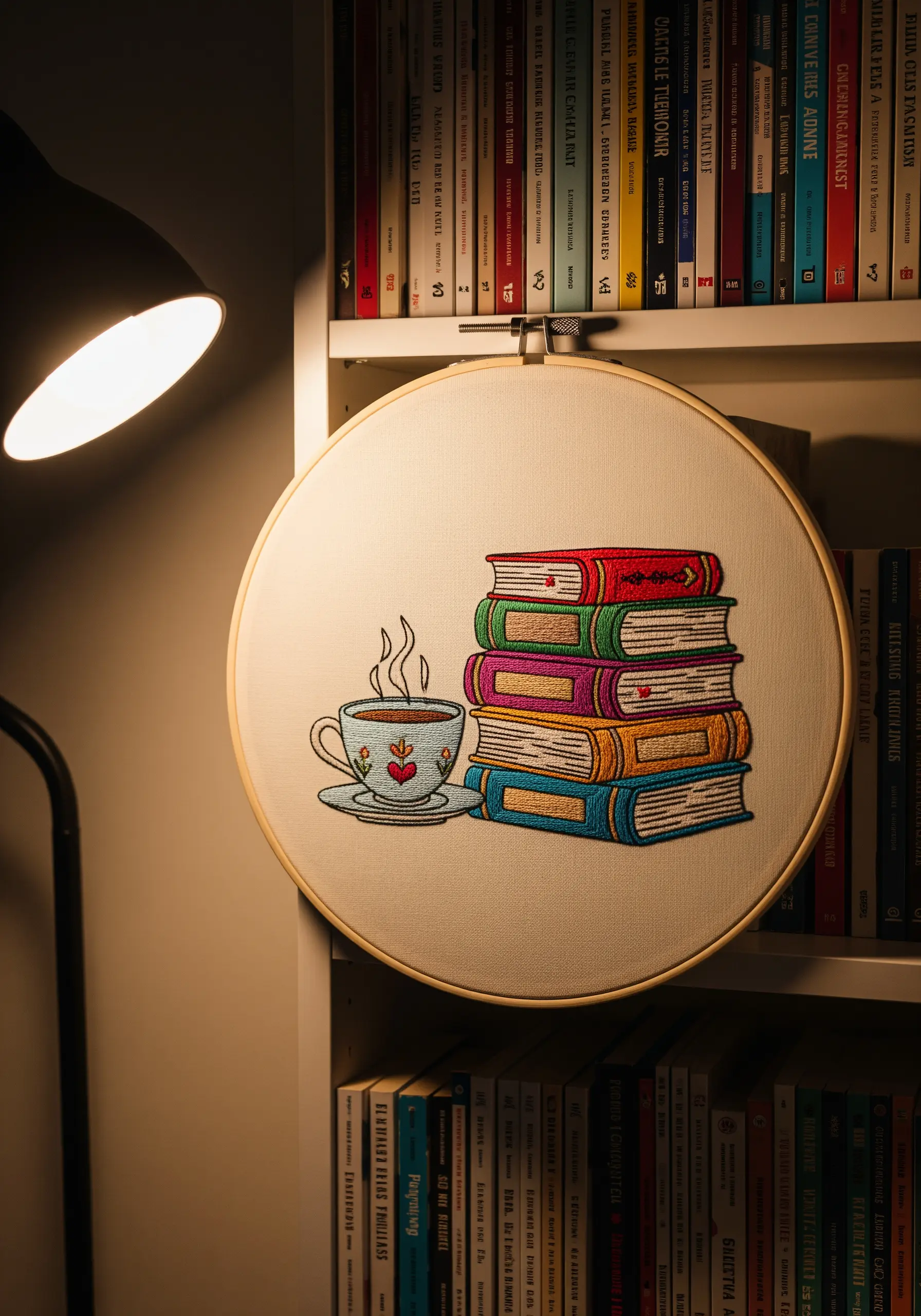 An embroidered stack of colorful books next to a steaming cup of coffee.