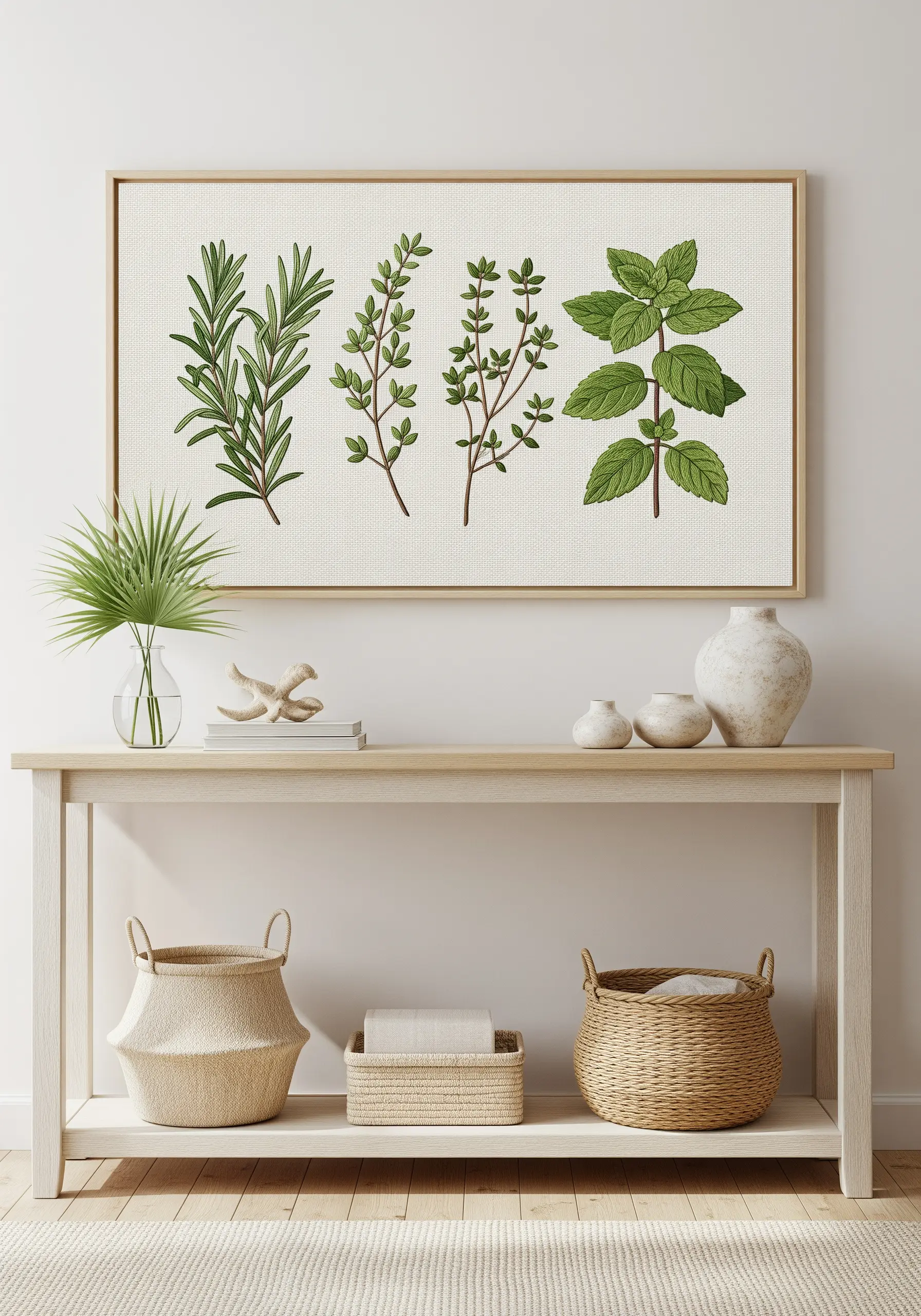 A framed embroidery piece displaying four different herbs—rosemary, thyme, and mint—in a row.