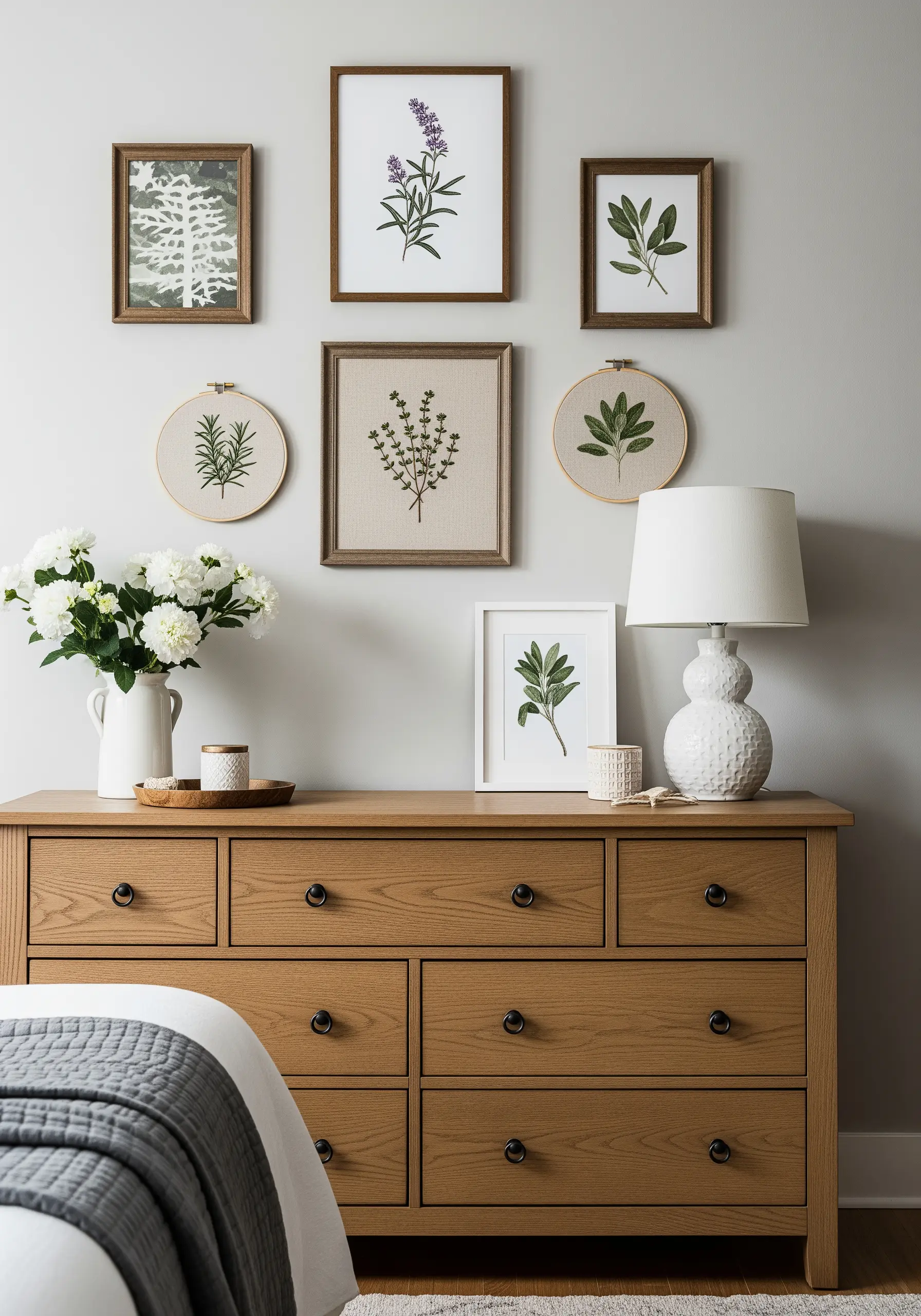 Gallery wall of framed and hoop-mounted embroidery featuring various botanical herbs.