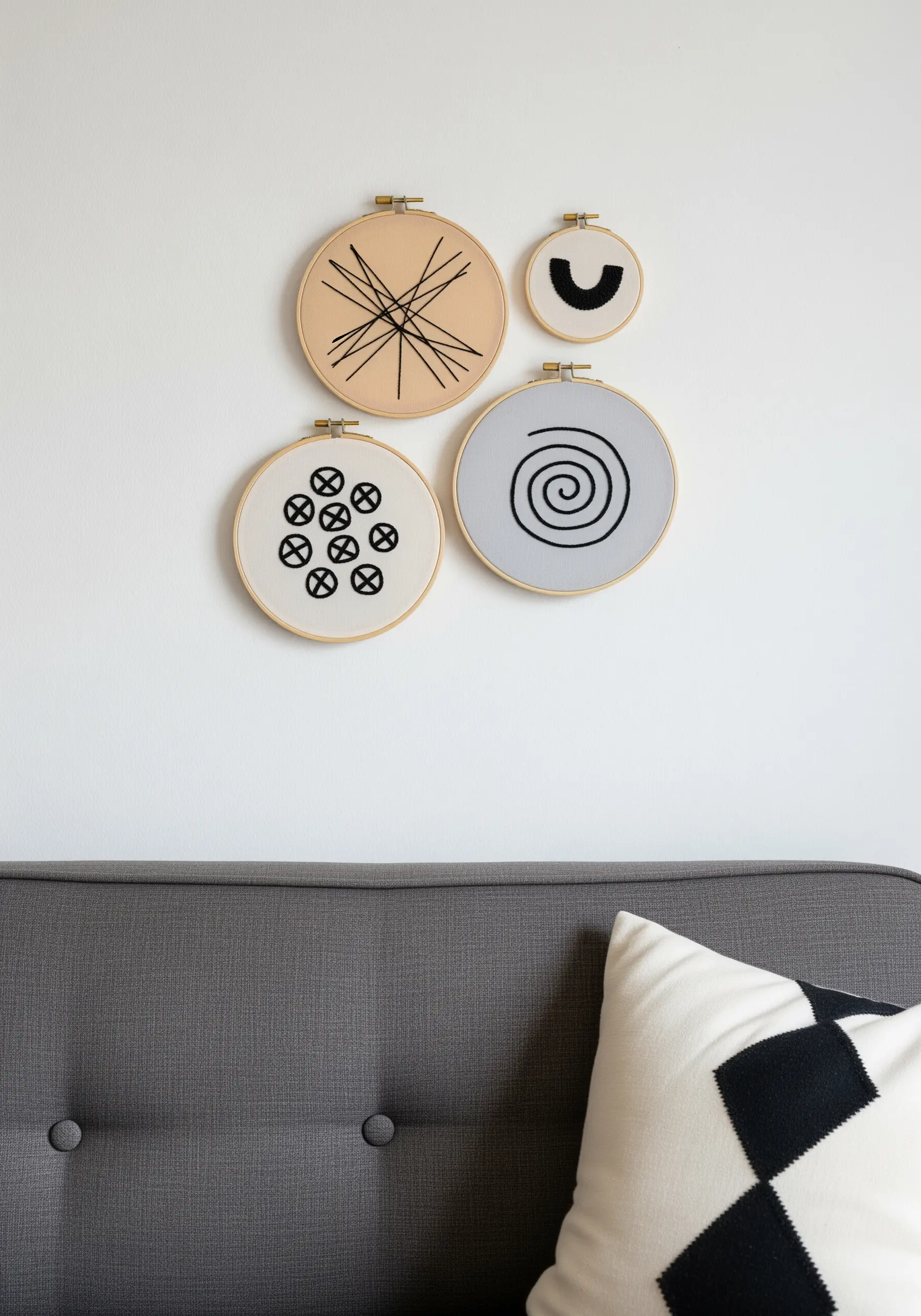 Four small embroidery hoops with different abstract black-and-white patterns on a wall.