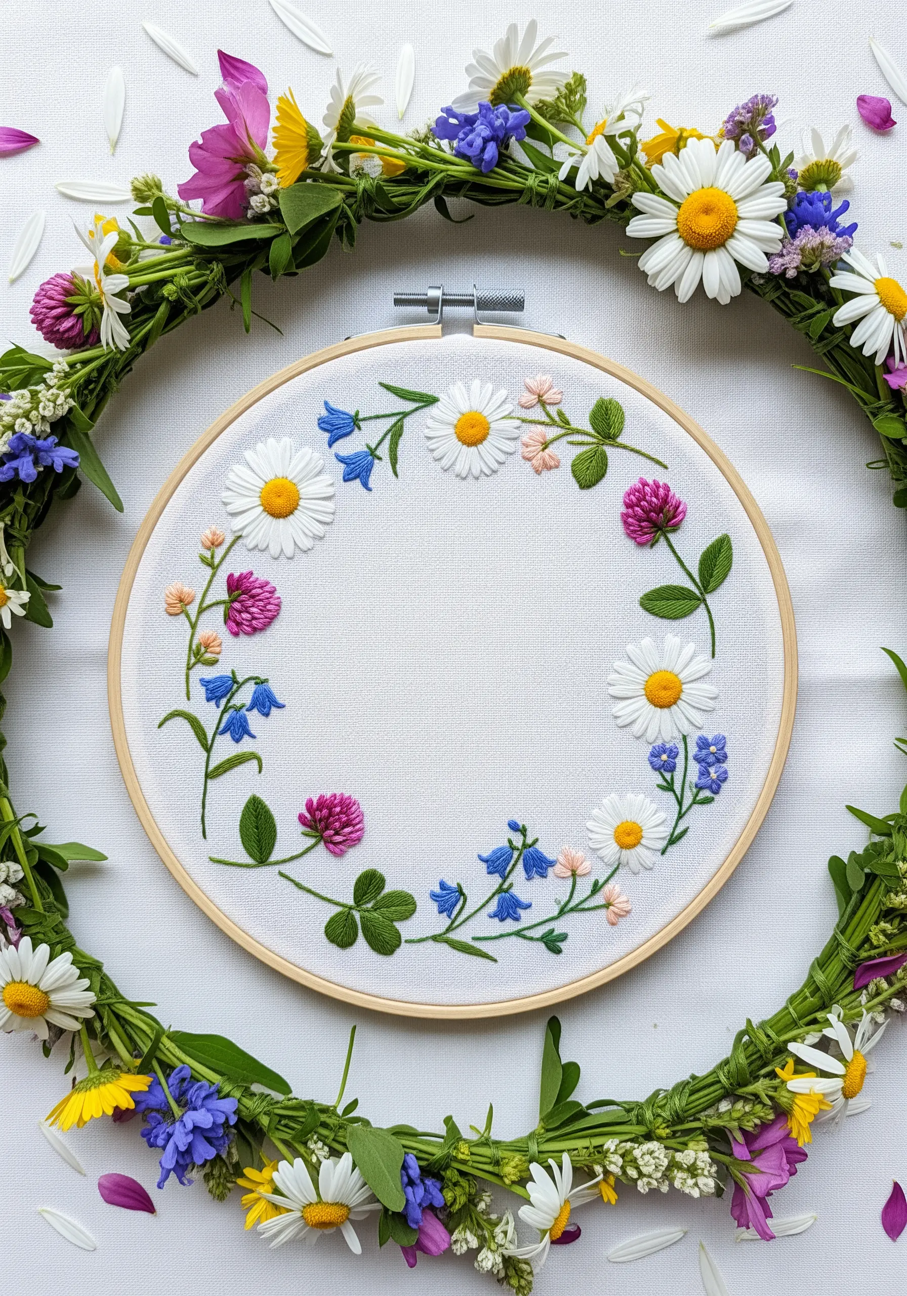 A delicate, circular wreath of embroidered daisies, clover, and other wildflowers on white fabric.