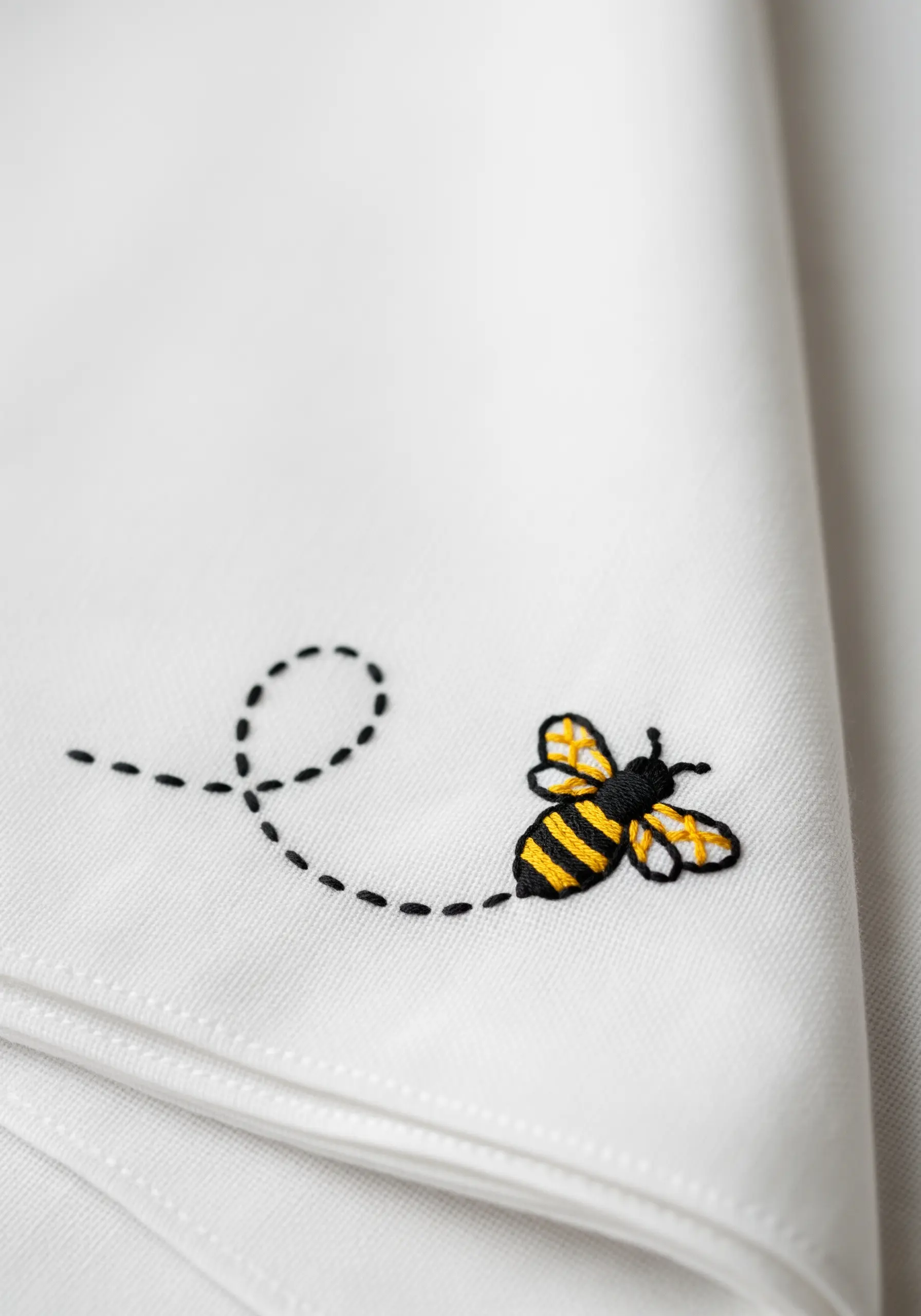 A small embroidered bee with a dashed flight path on the corner of a white napkin.