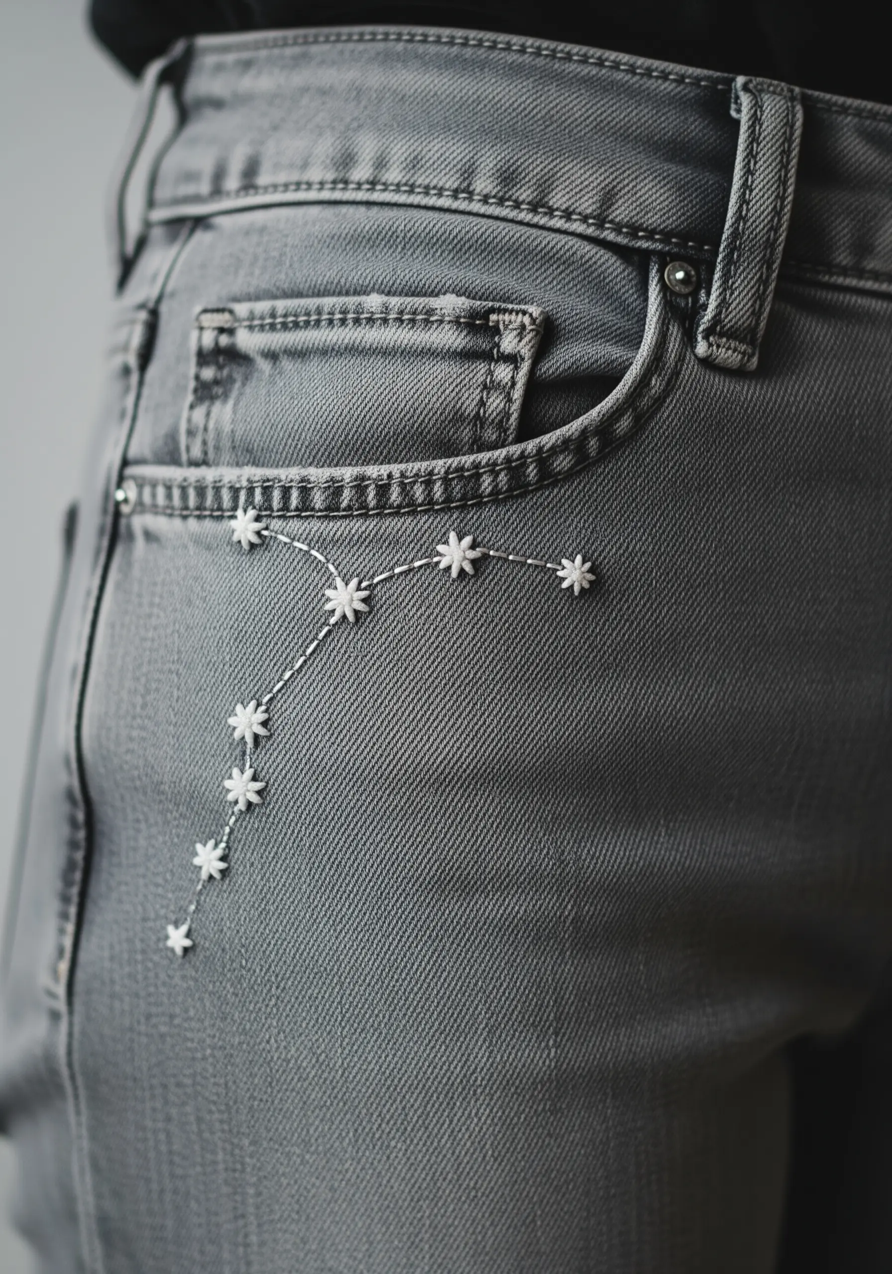A constellation of small white stars connected by a fine line on grey jeans.