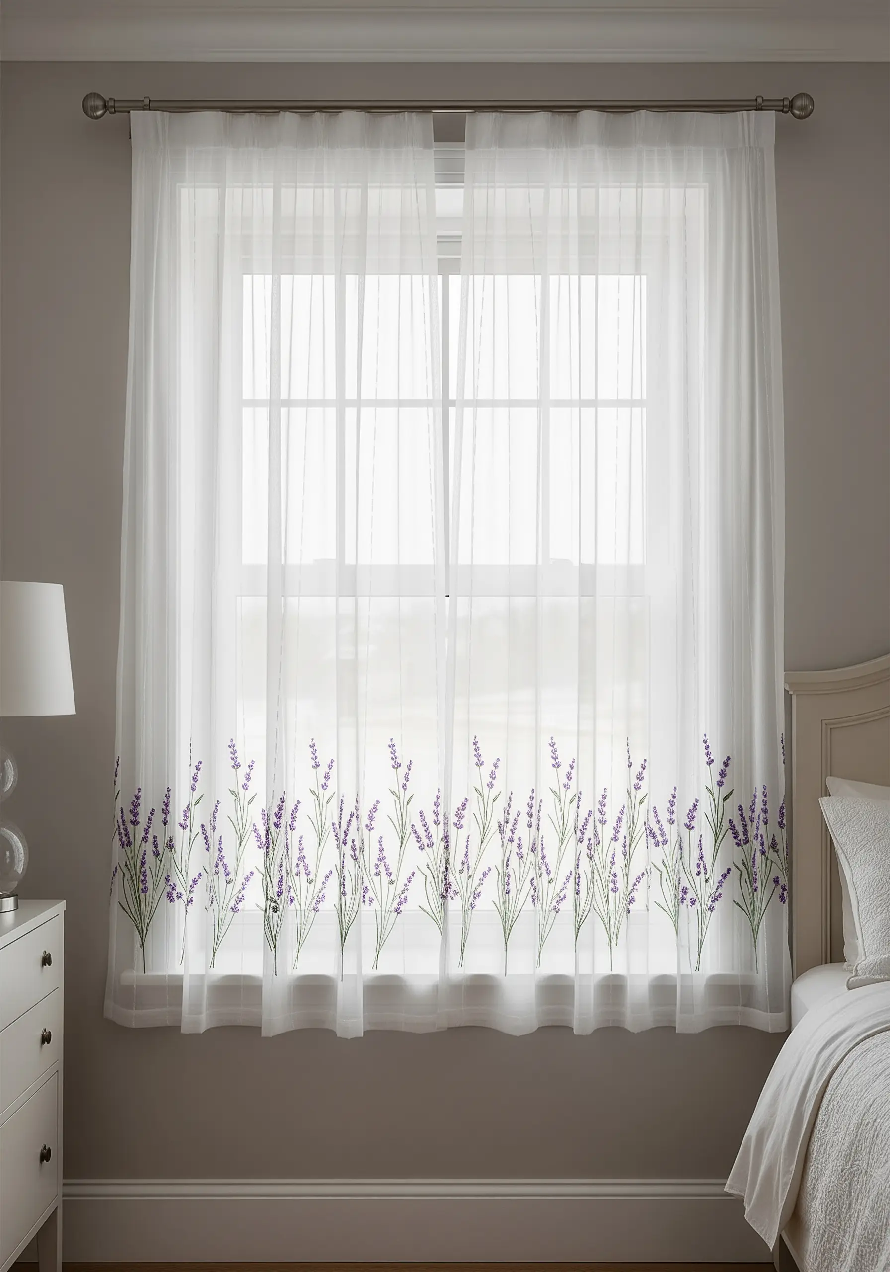 A border of delicate lavender sprigs embroidered on a sheer white curtain.
