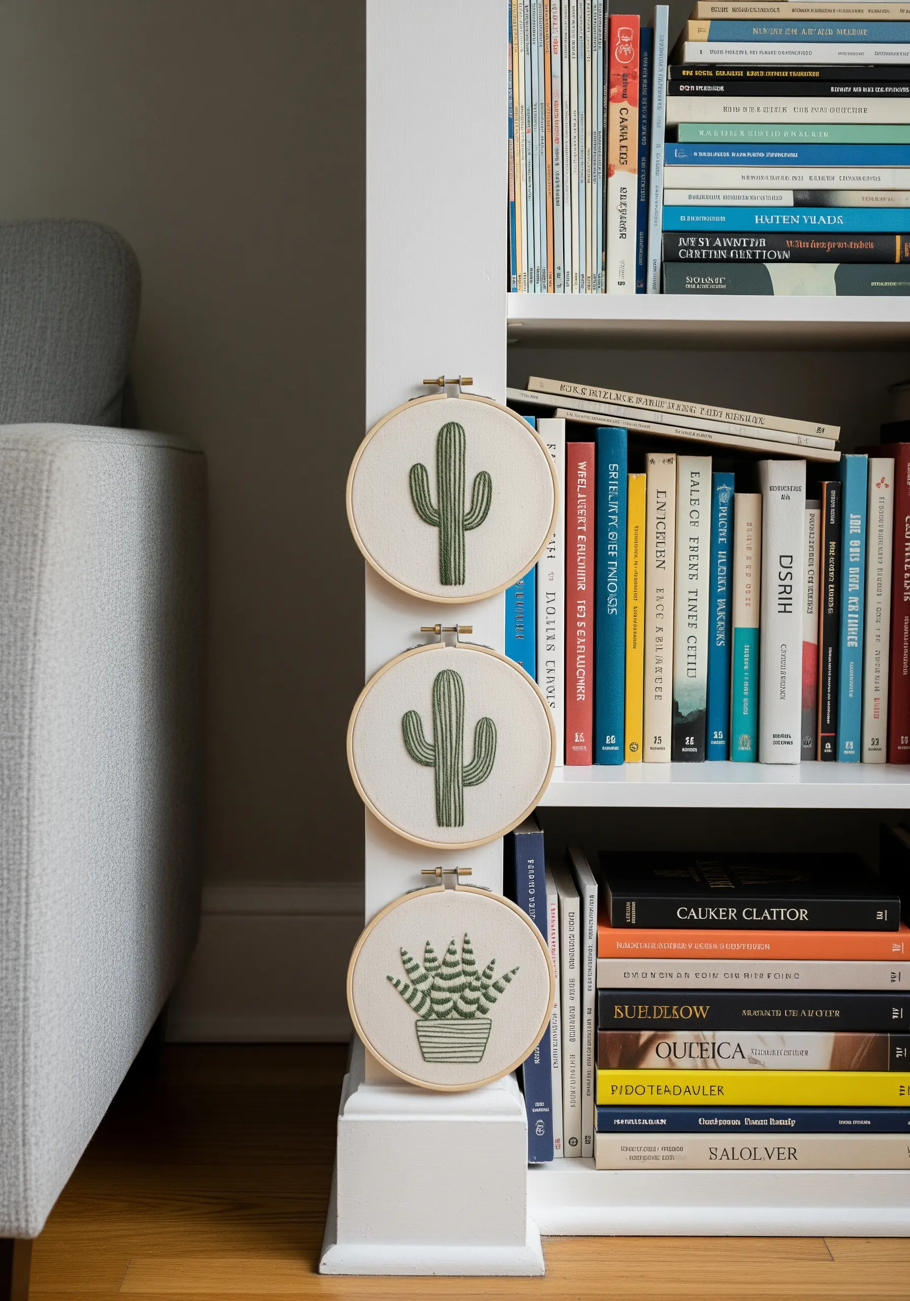 Three small embroidery hoops, each featuring a different type of cactus or succulent.