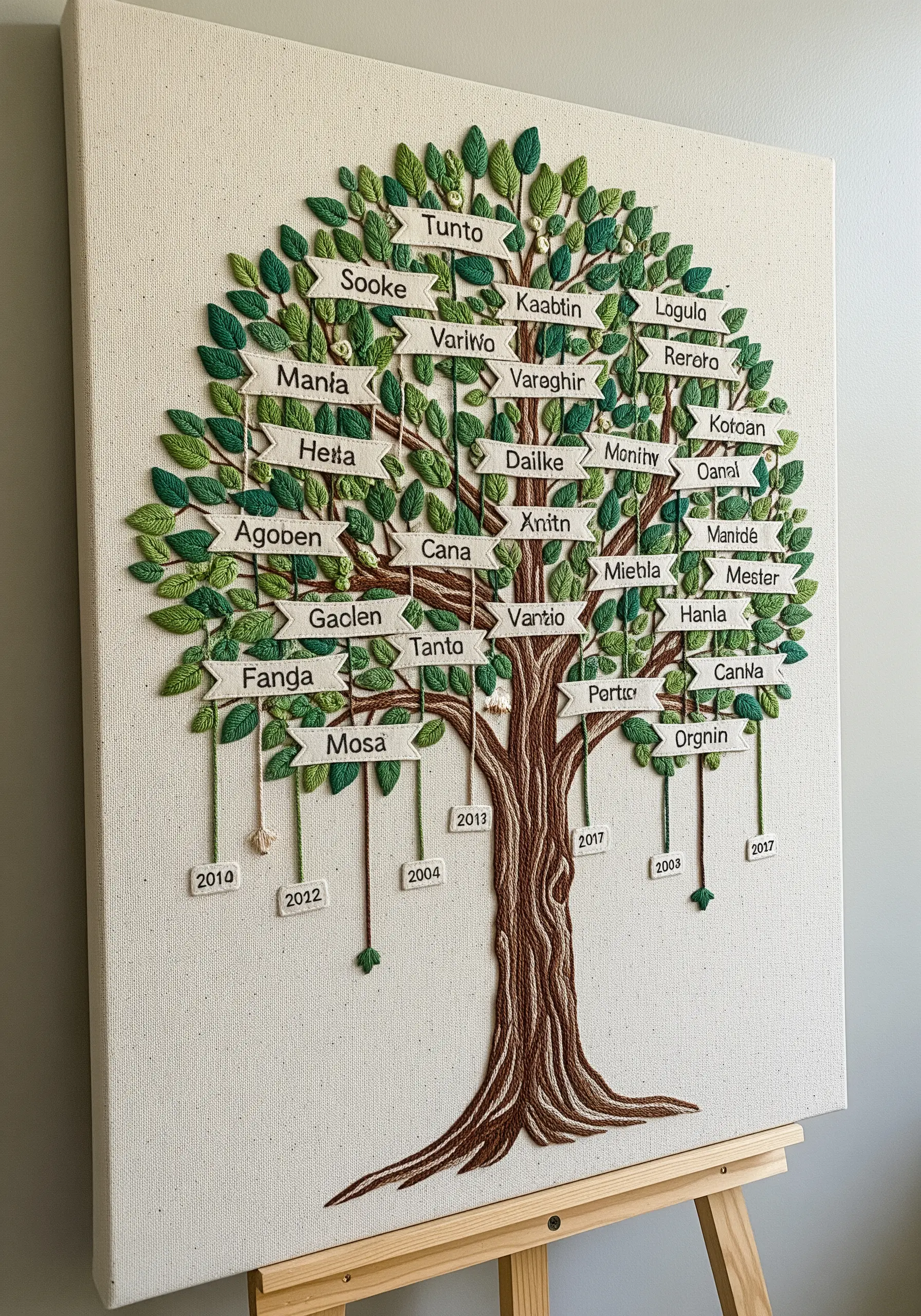 Large canvas embroidered with a family tree, featuring names on appliqué banners and textured leaves.
