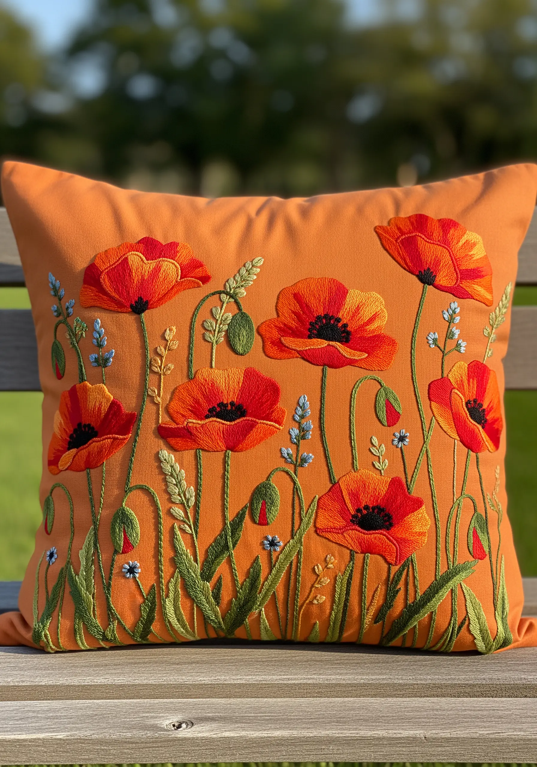 Red and orange embroidered poppies with textured black centers on an orange cushion.