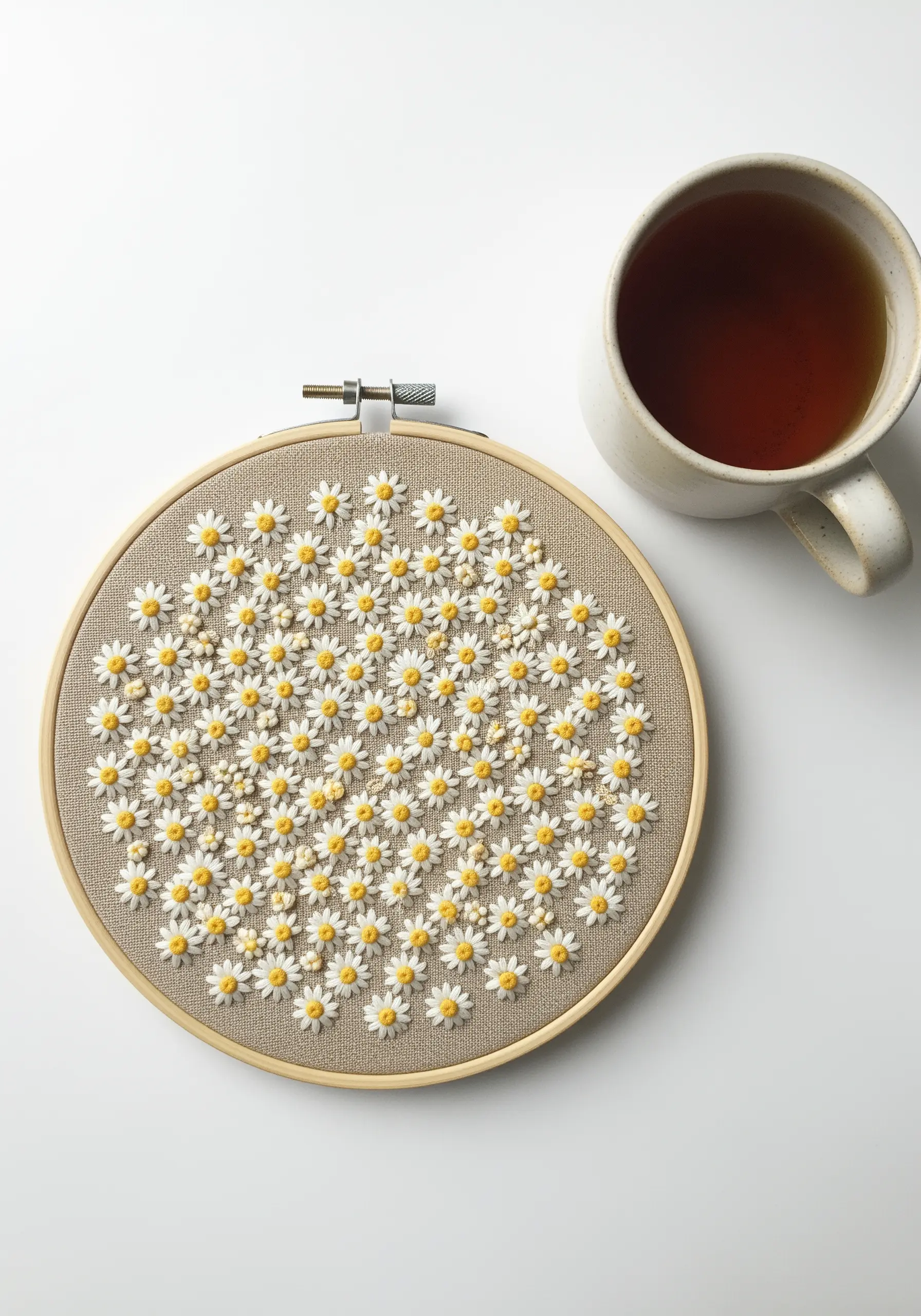 Embroidery hoop filled with a dense pattern of tiny stitched daisies.
