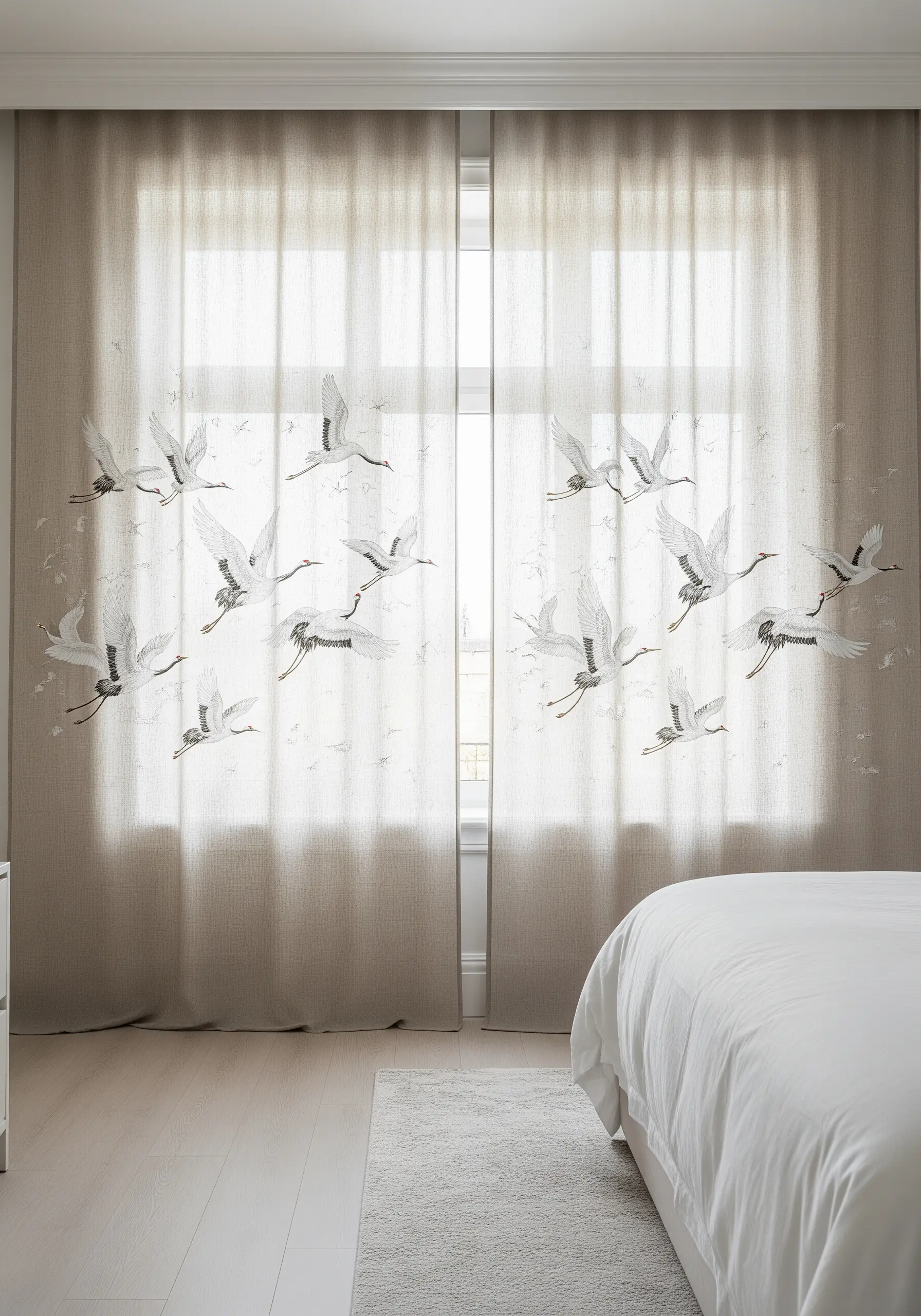 Embroidered flock of white cranes flying across sheer linen curtains.