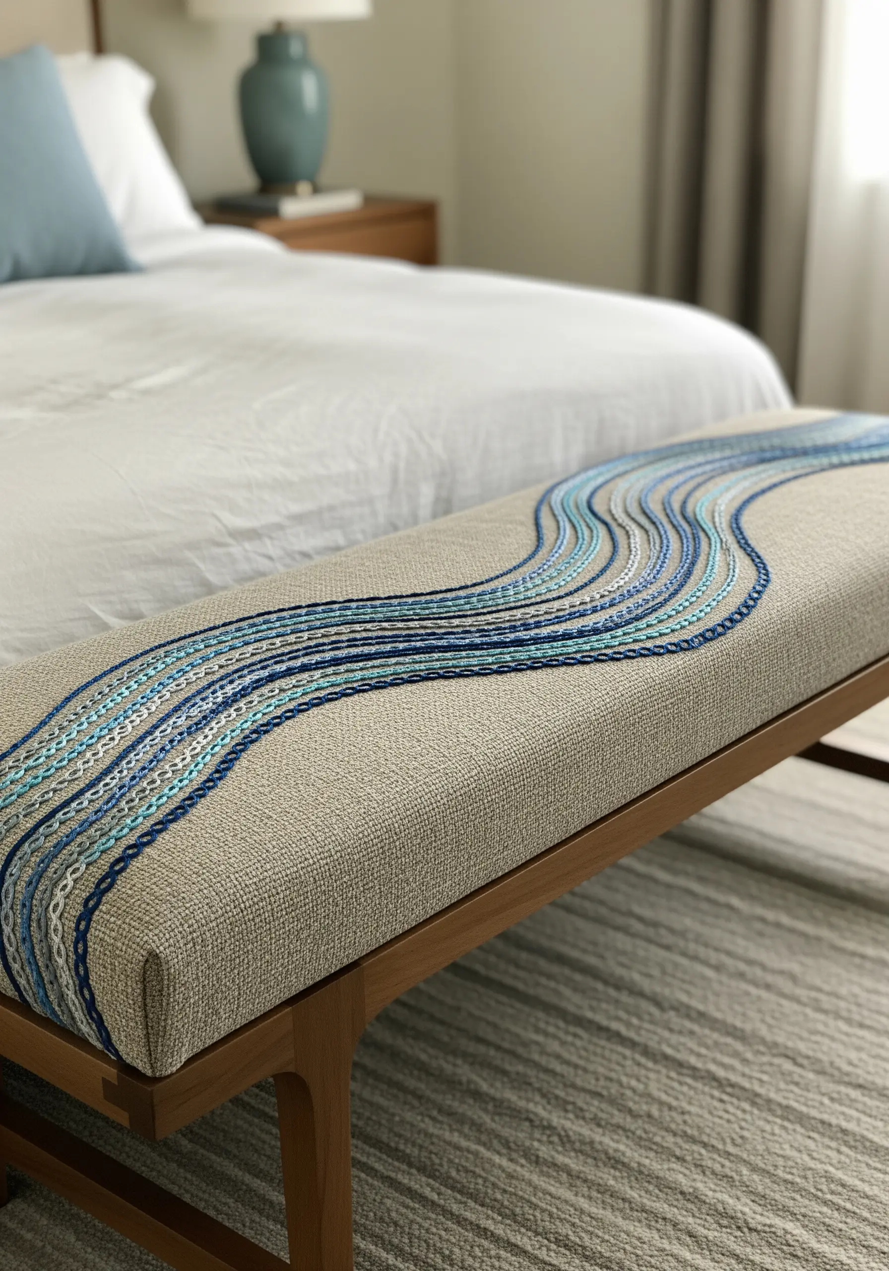 An upholstered bench with an embroidered pattern of flowing blue and white wavy lines.