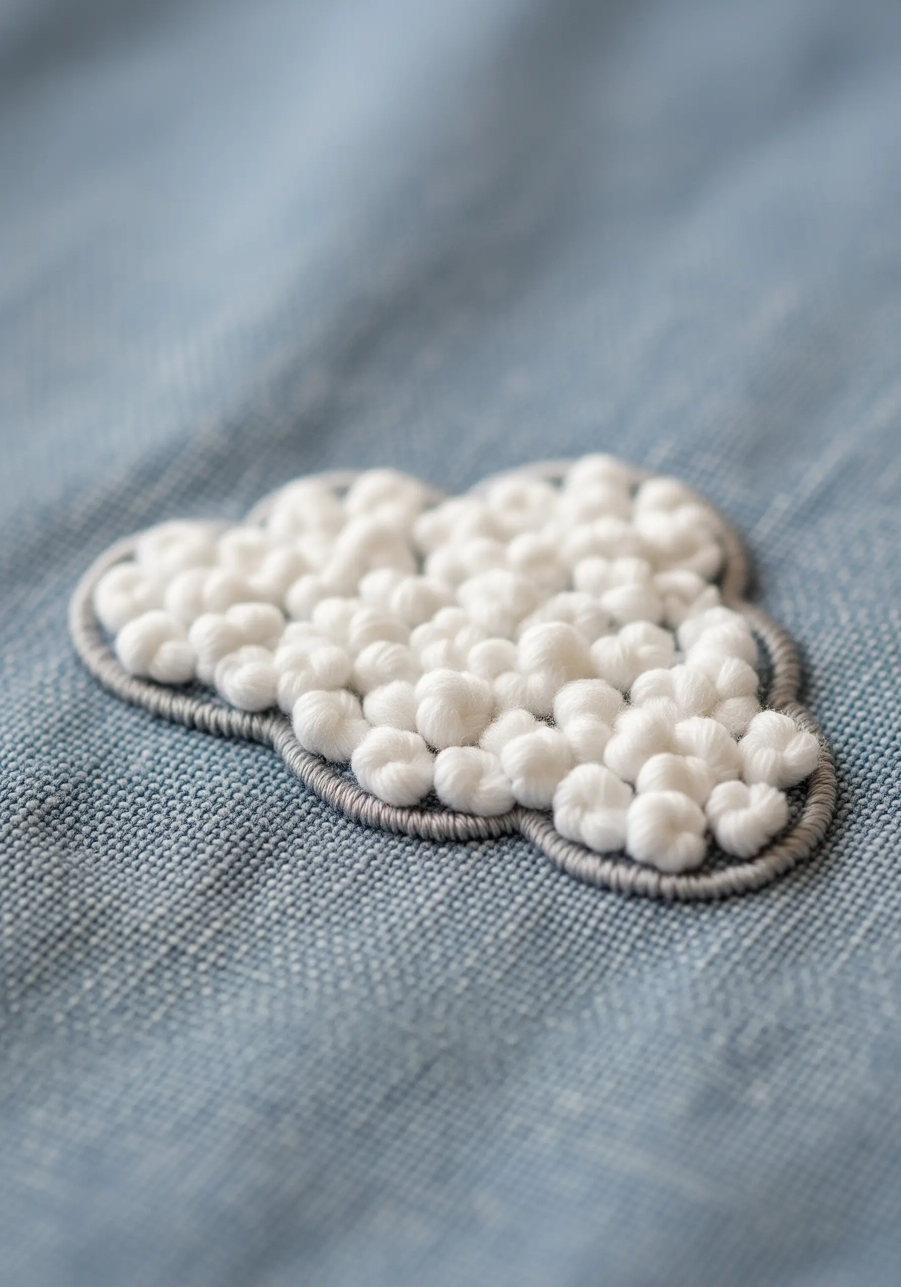 A fluffy white cloud patch made of French knots on a blue denim background.