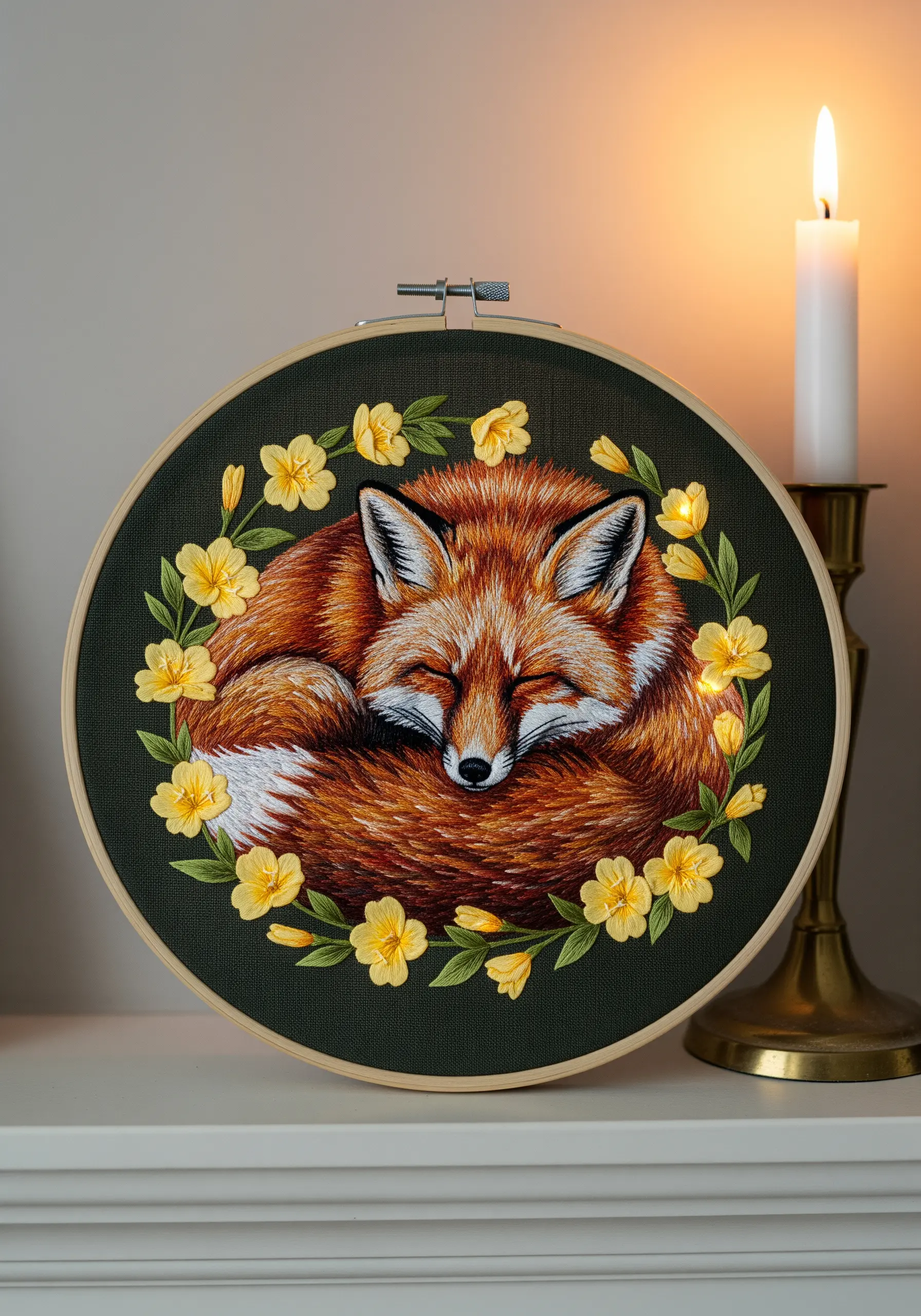 An embroidered sleeping fox curled up inside a wreath of yellow flowers on dark green fabric.