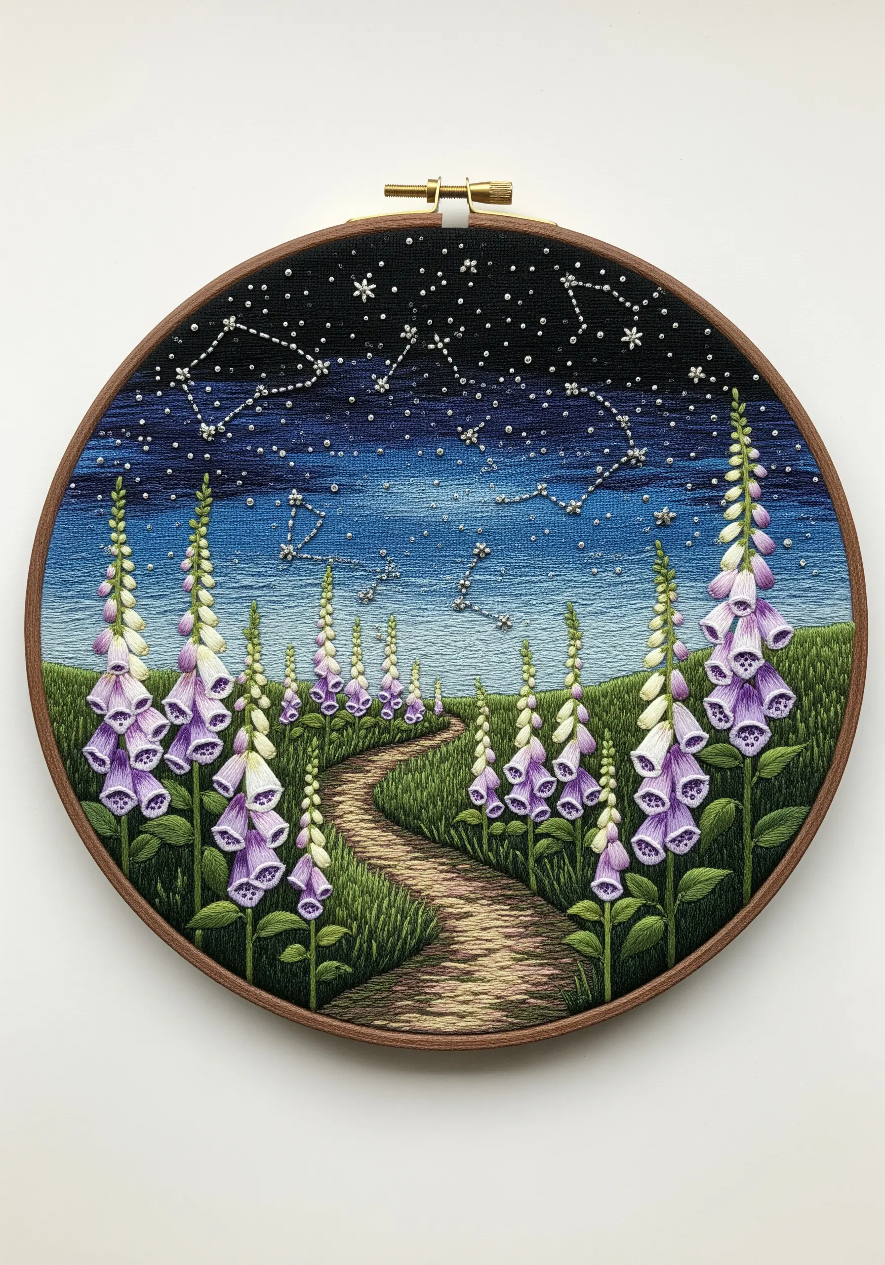 Embroidered landscape of a field of purple foxgloves under a starry night sky with constellations.