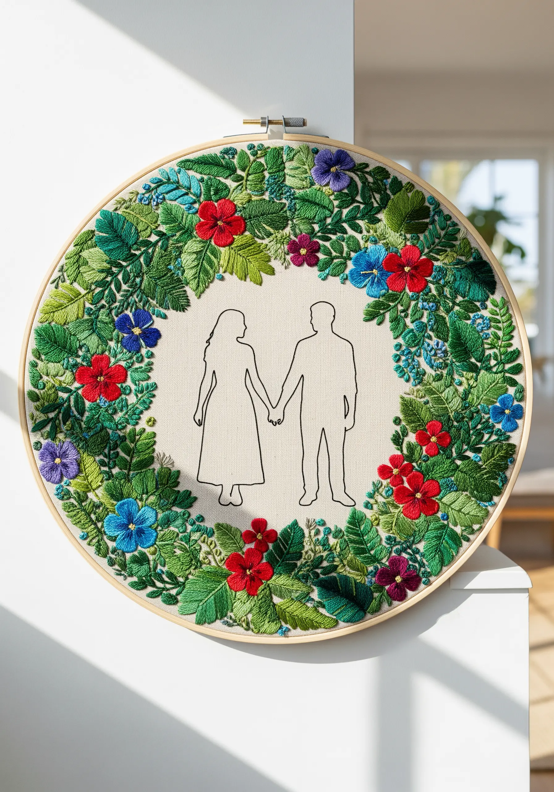 A line-art couple silhouette framed by a dense, colorful wreath of embroidered flowers and leaves.