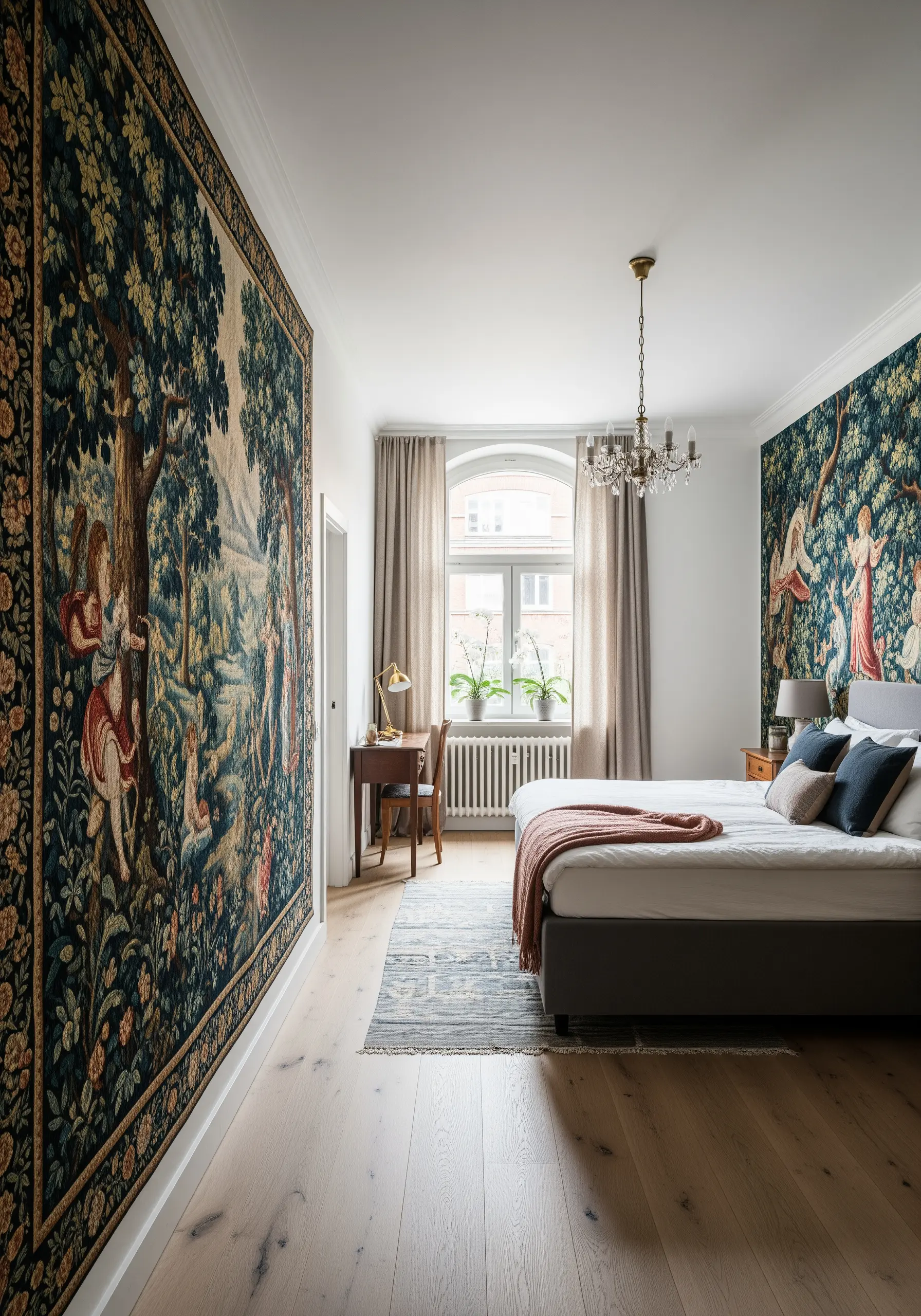 A massive, medieval-style narrative tapestry covering an entire wall in a minimalist bedroom.