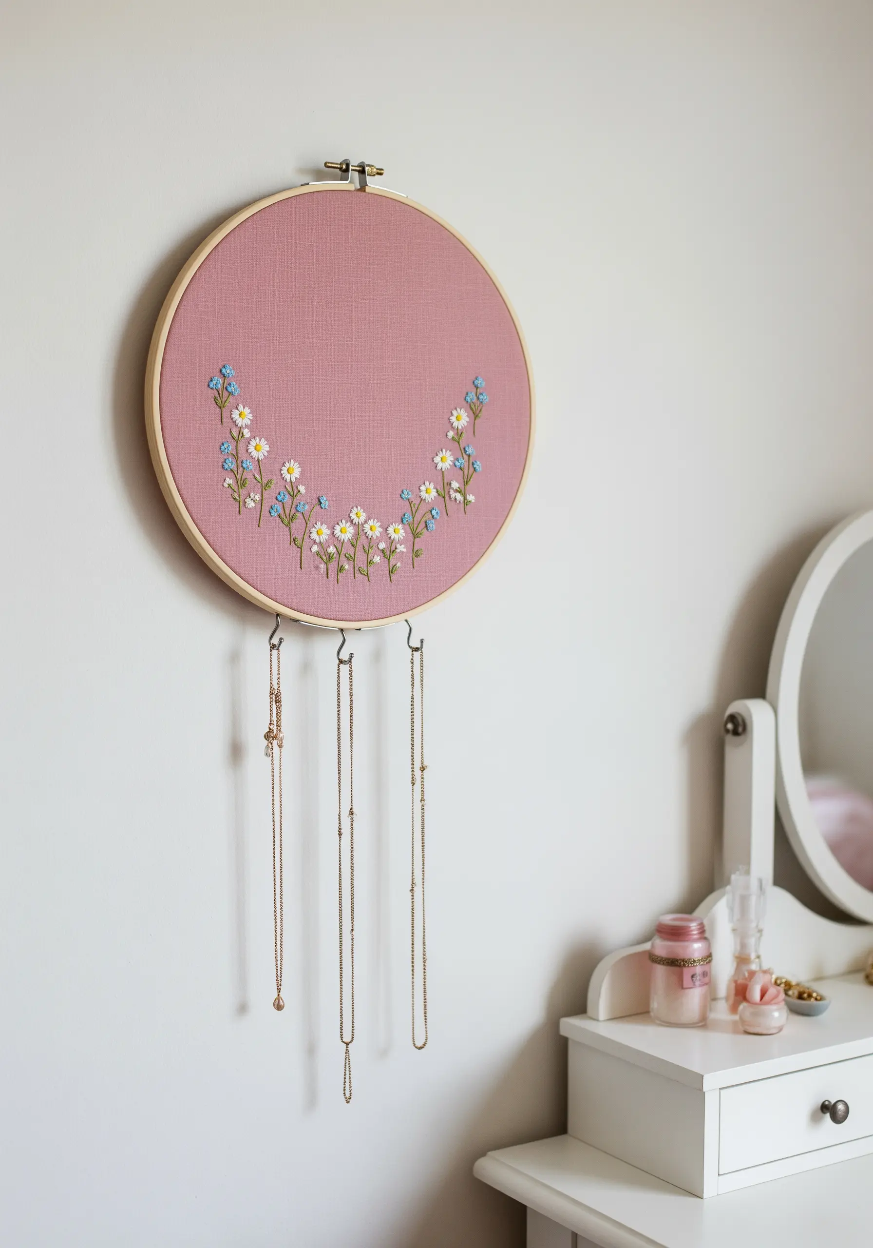 An embroidery hoop with a floral crescent design used as a hanging jewelry organizer.