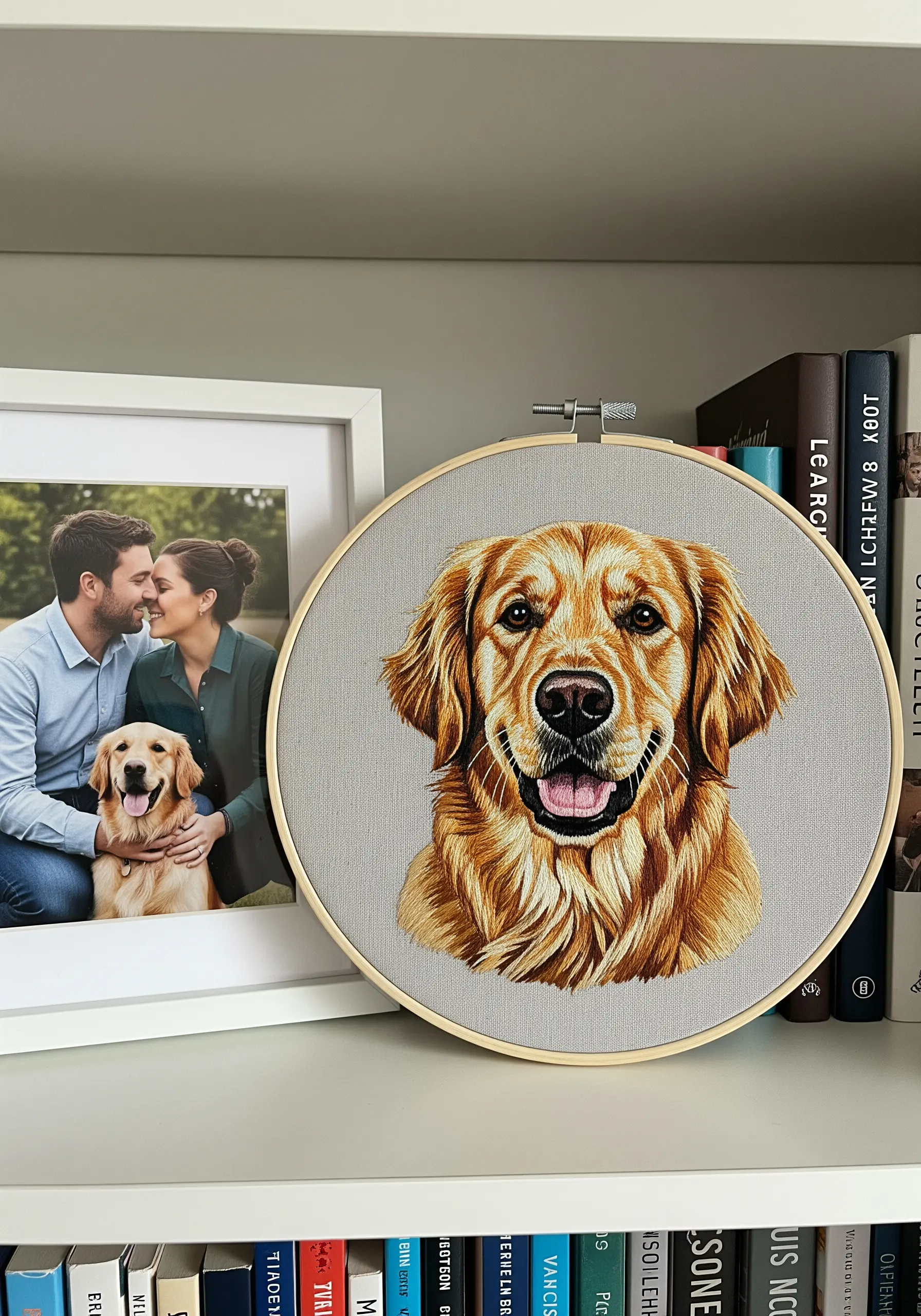 A realistic thread-painted portrait of a golden retriever in an embroidery hoop.