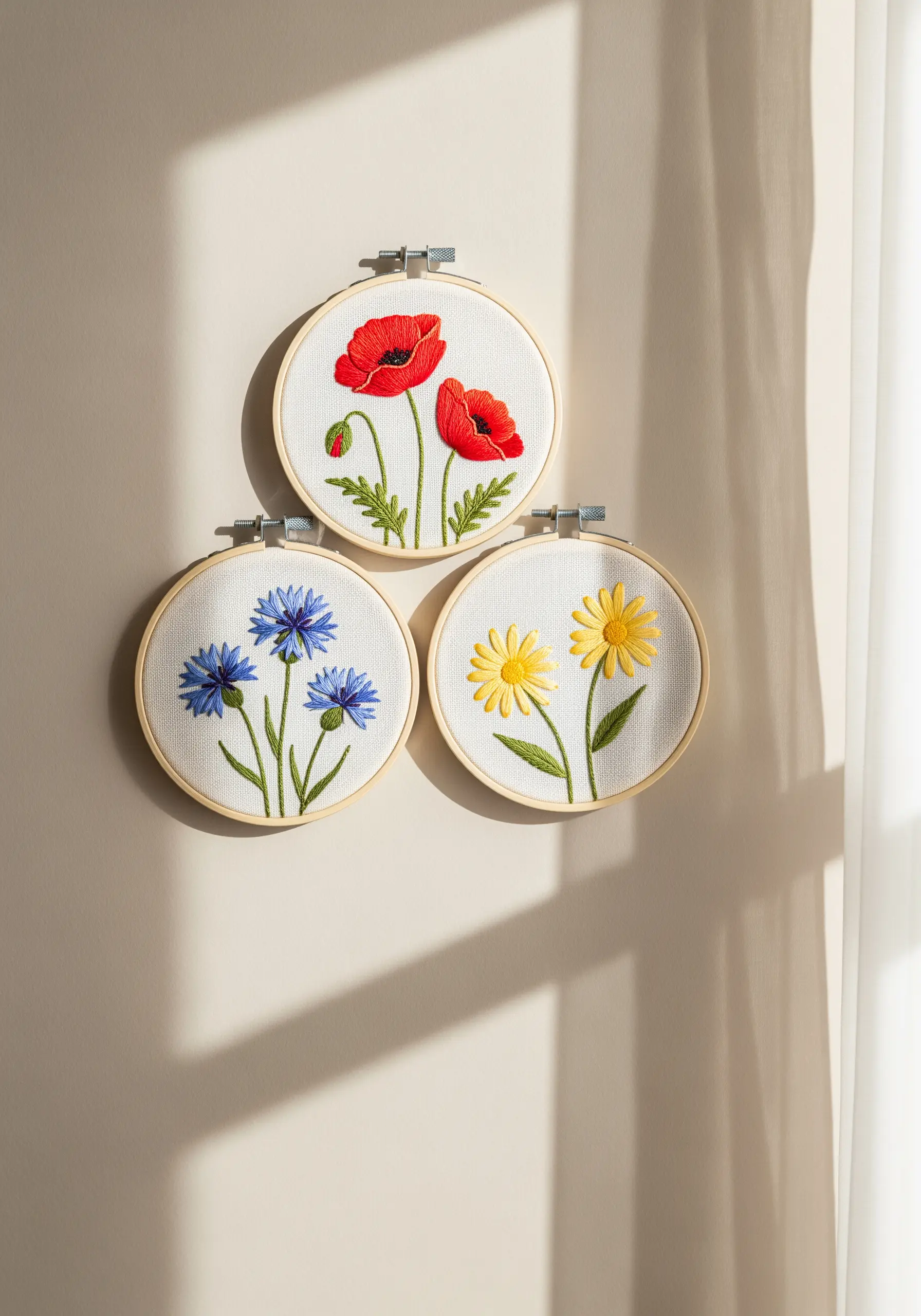 Three small embroidery hoops, each featuring a different wildflower: poppy, cornflower, and daisy.