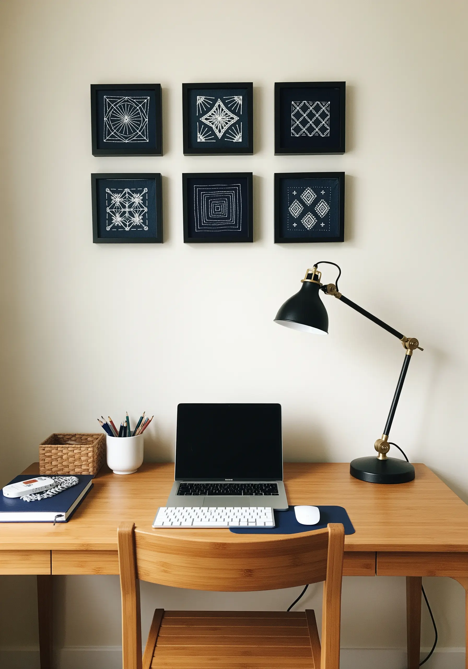 Six small black frames with white thread geometric embroidery patterns.