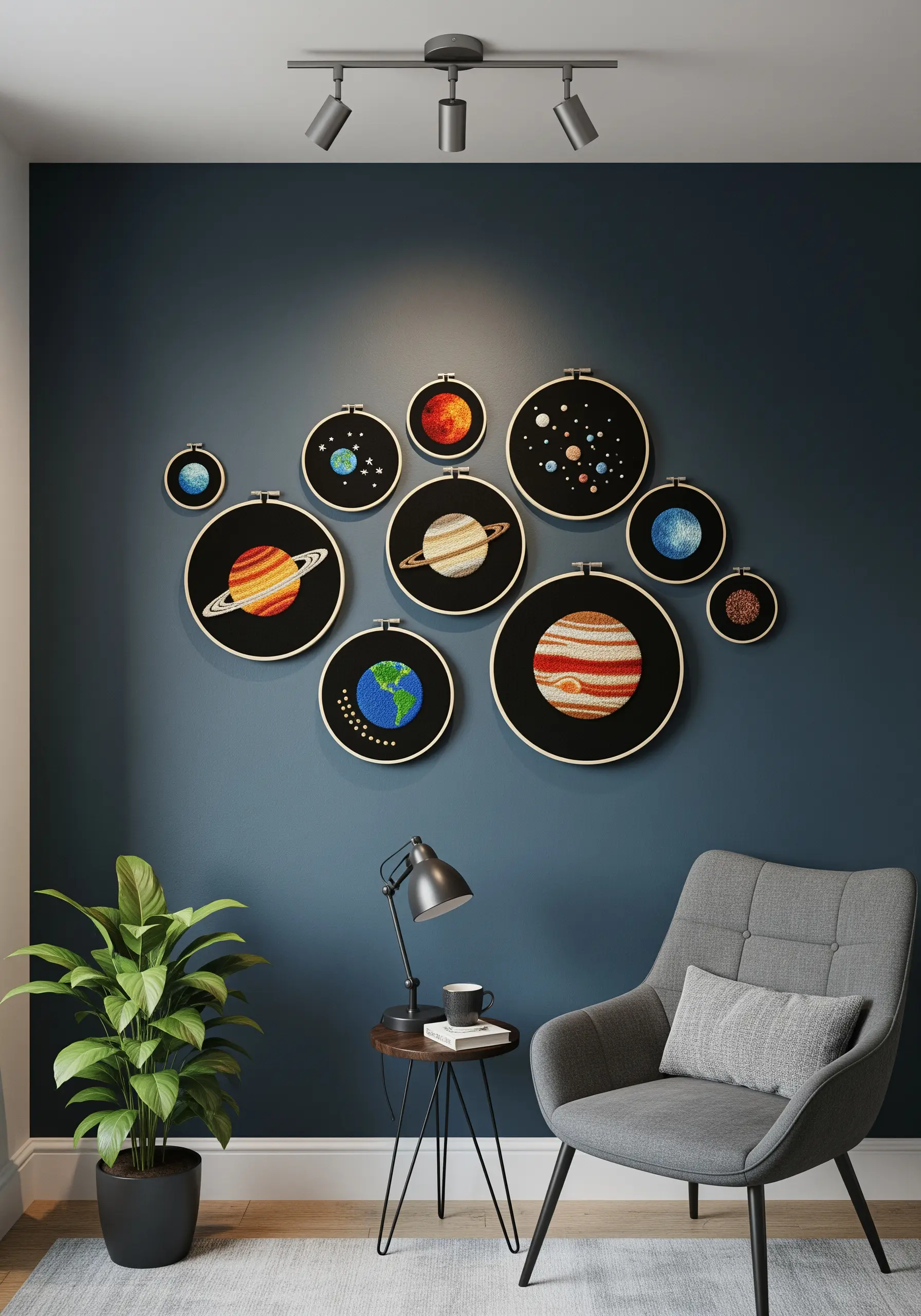 A wall display of multiple embroidery hoops of different sizes, each showing a planet.