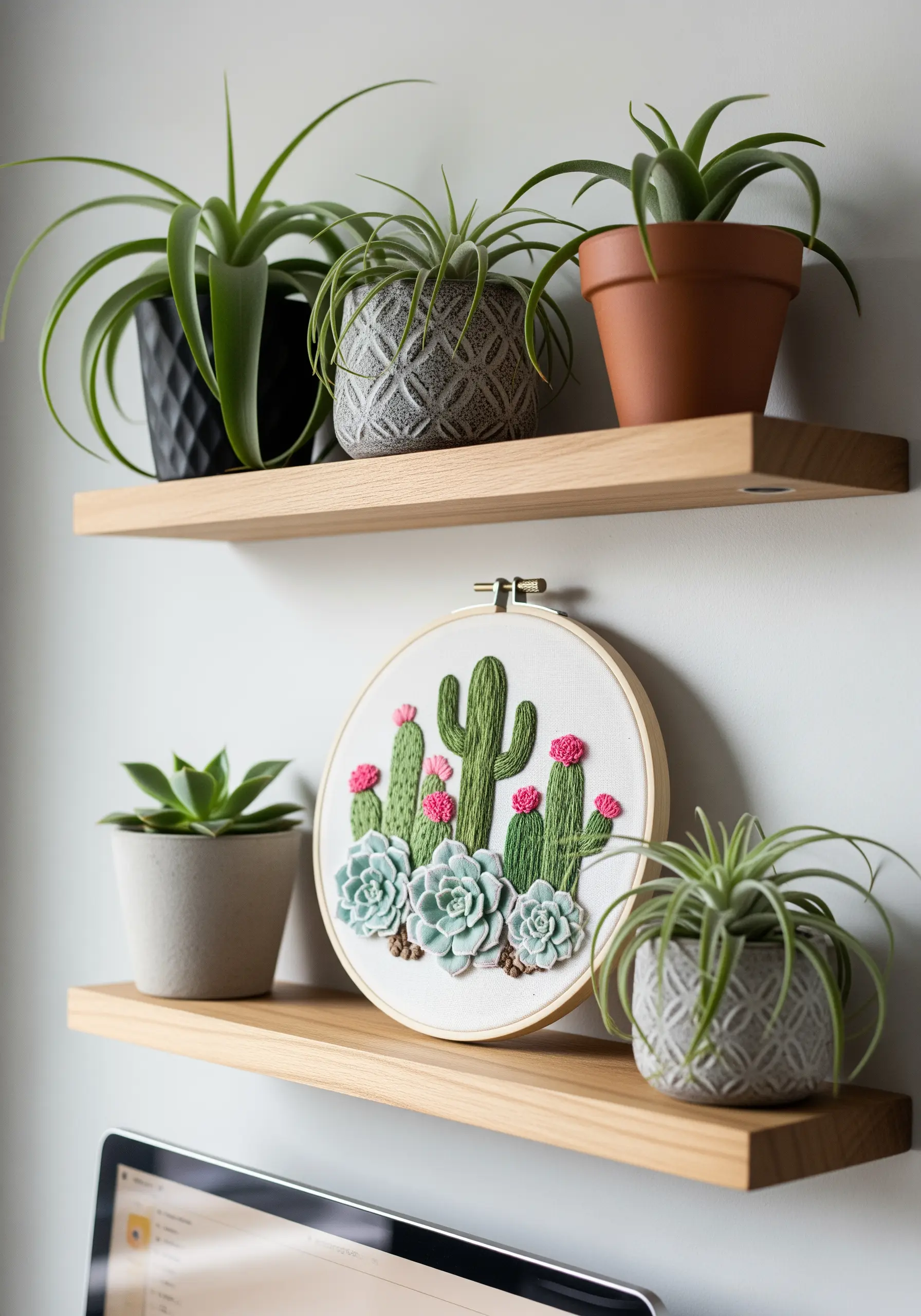 An embroidery hoop with 3D stumpwork succulents and cacti, displayed on a shelf with live plants.