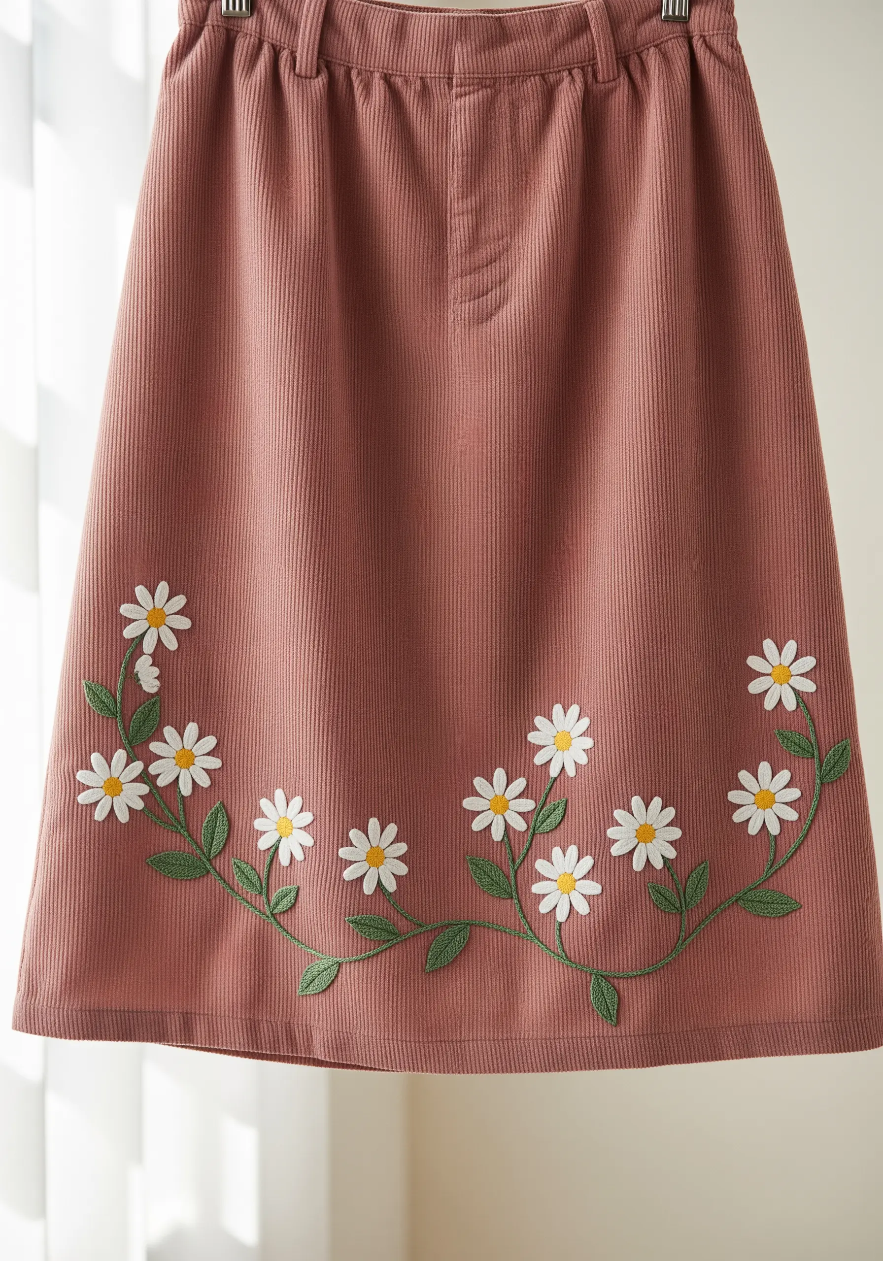 A curving vine of embroidered daisies along the hem of a dusty rose corduroy skirt.