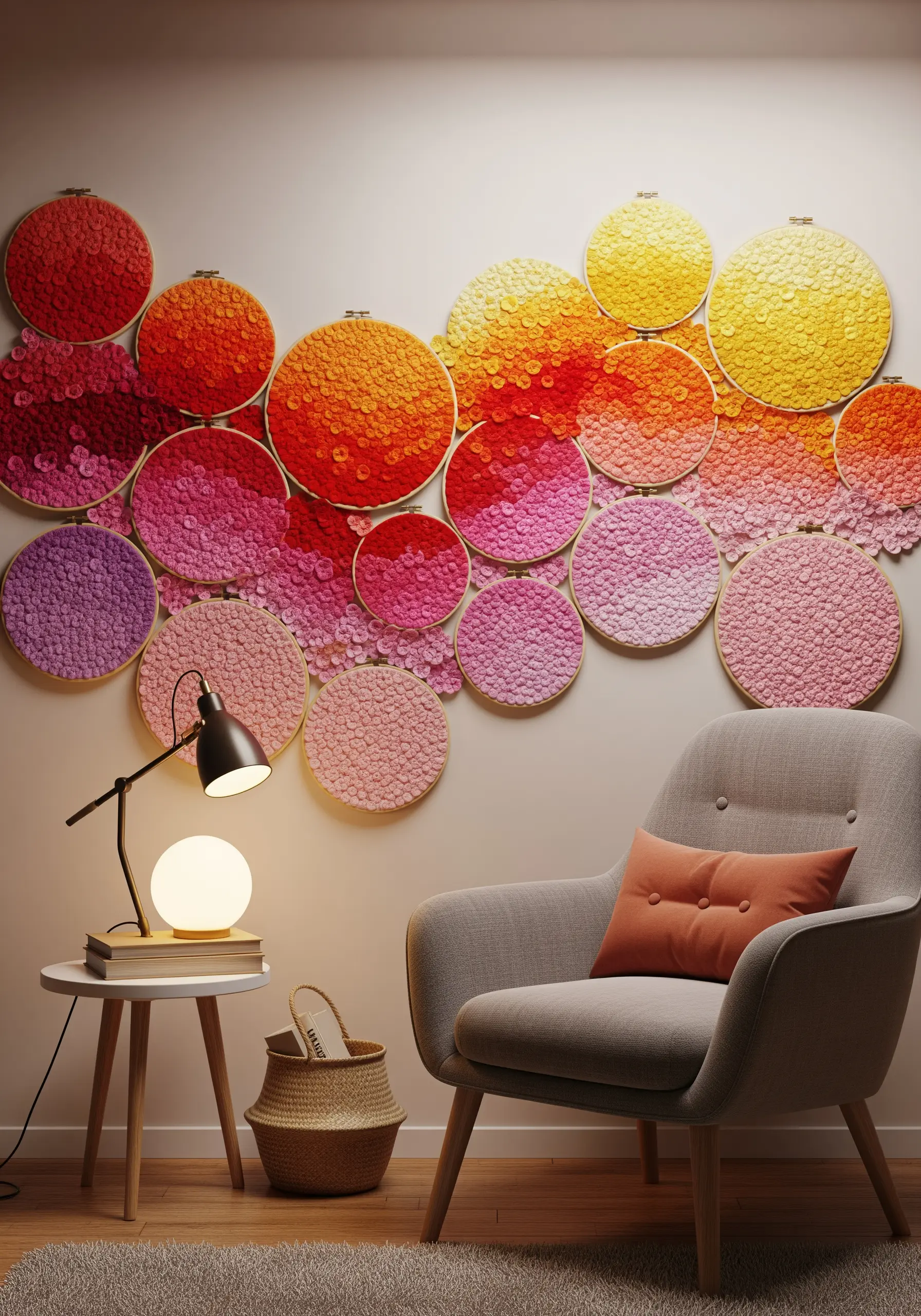 An expansive wall collage of hoops filled with sequins in a warm-to-cool color gradient.