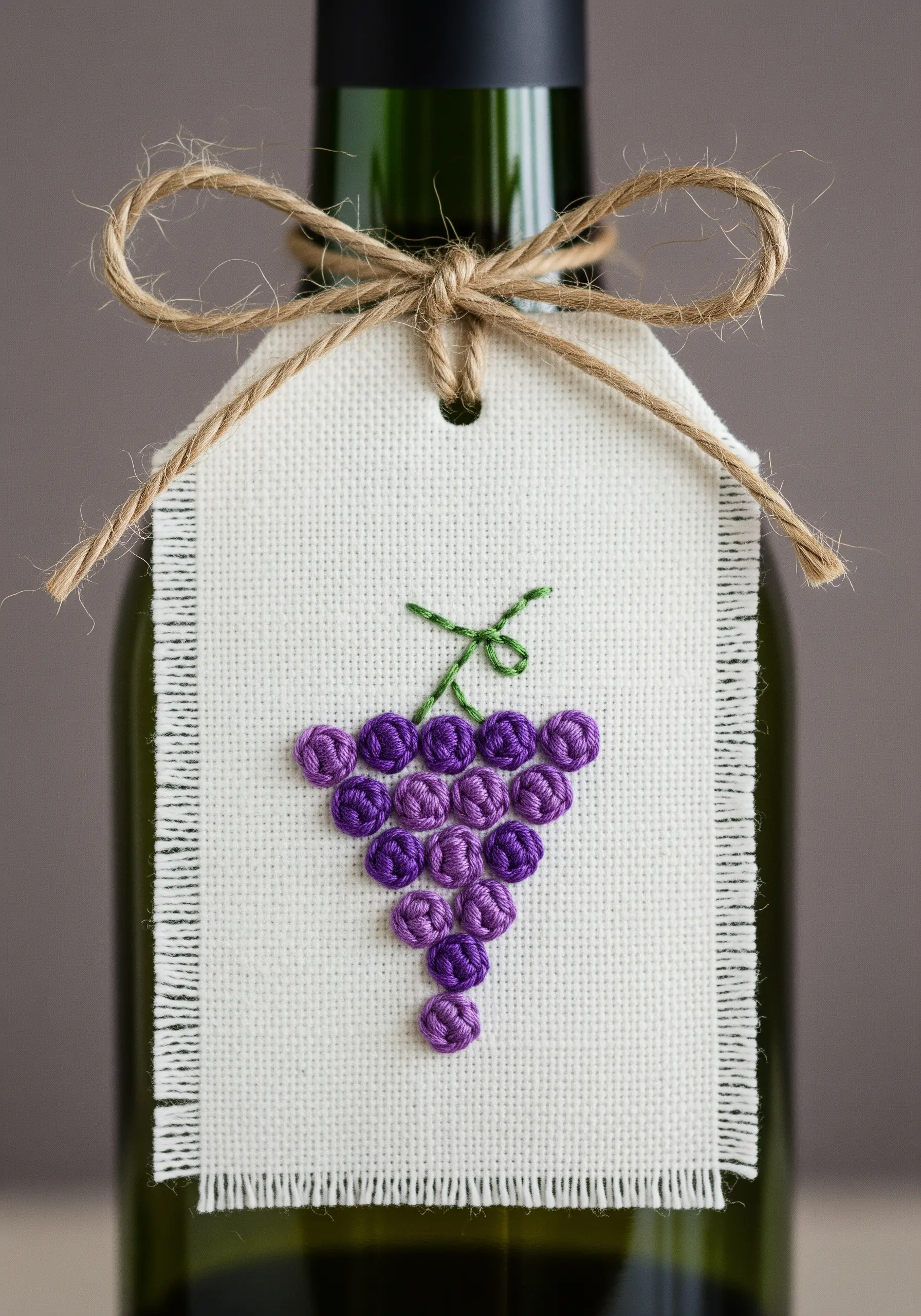 A bunch of grapes made of purple French knots on a fabric wine bottle tag.