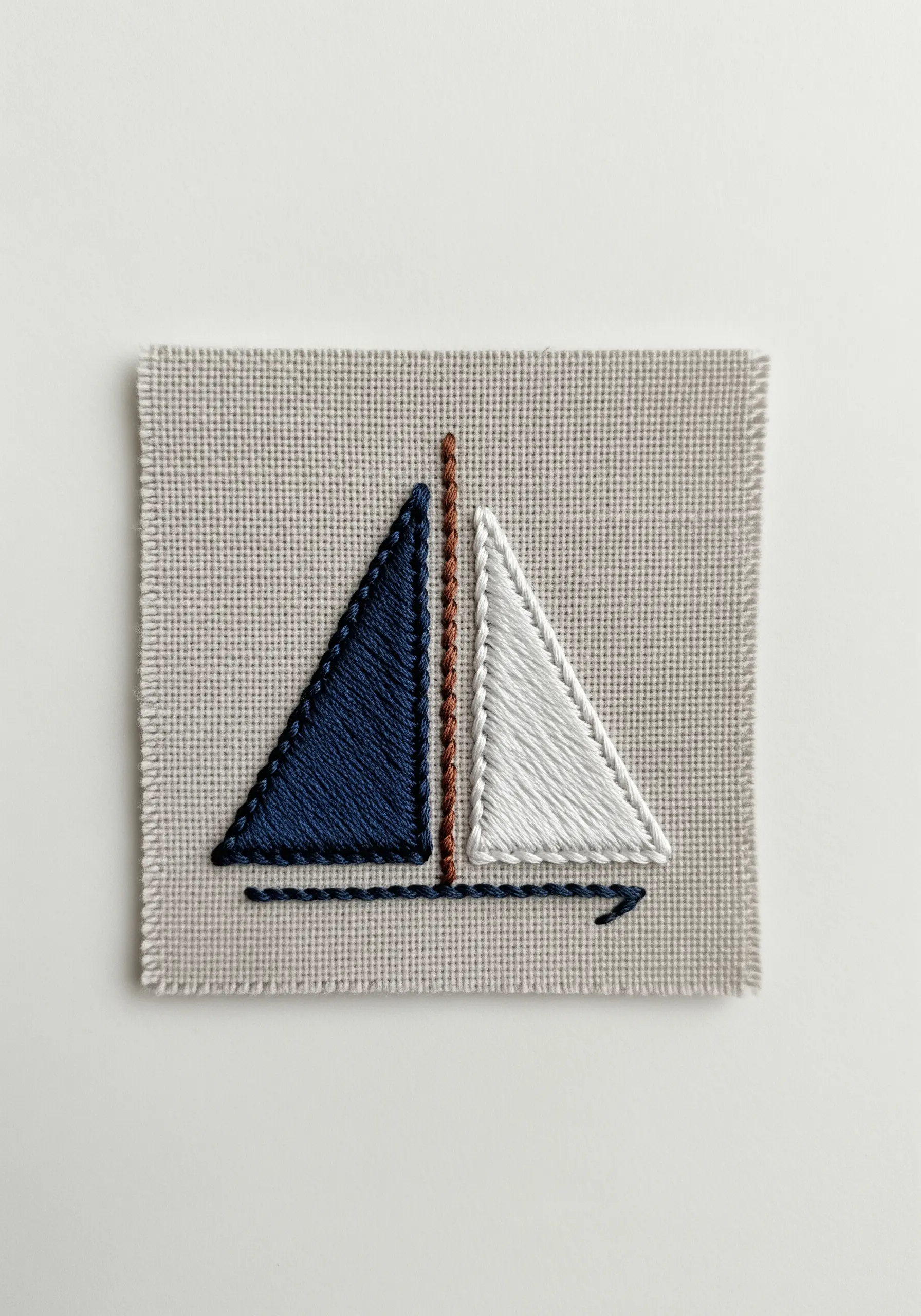 A small embroidered patch of a sailboat with navy blue and white sails.