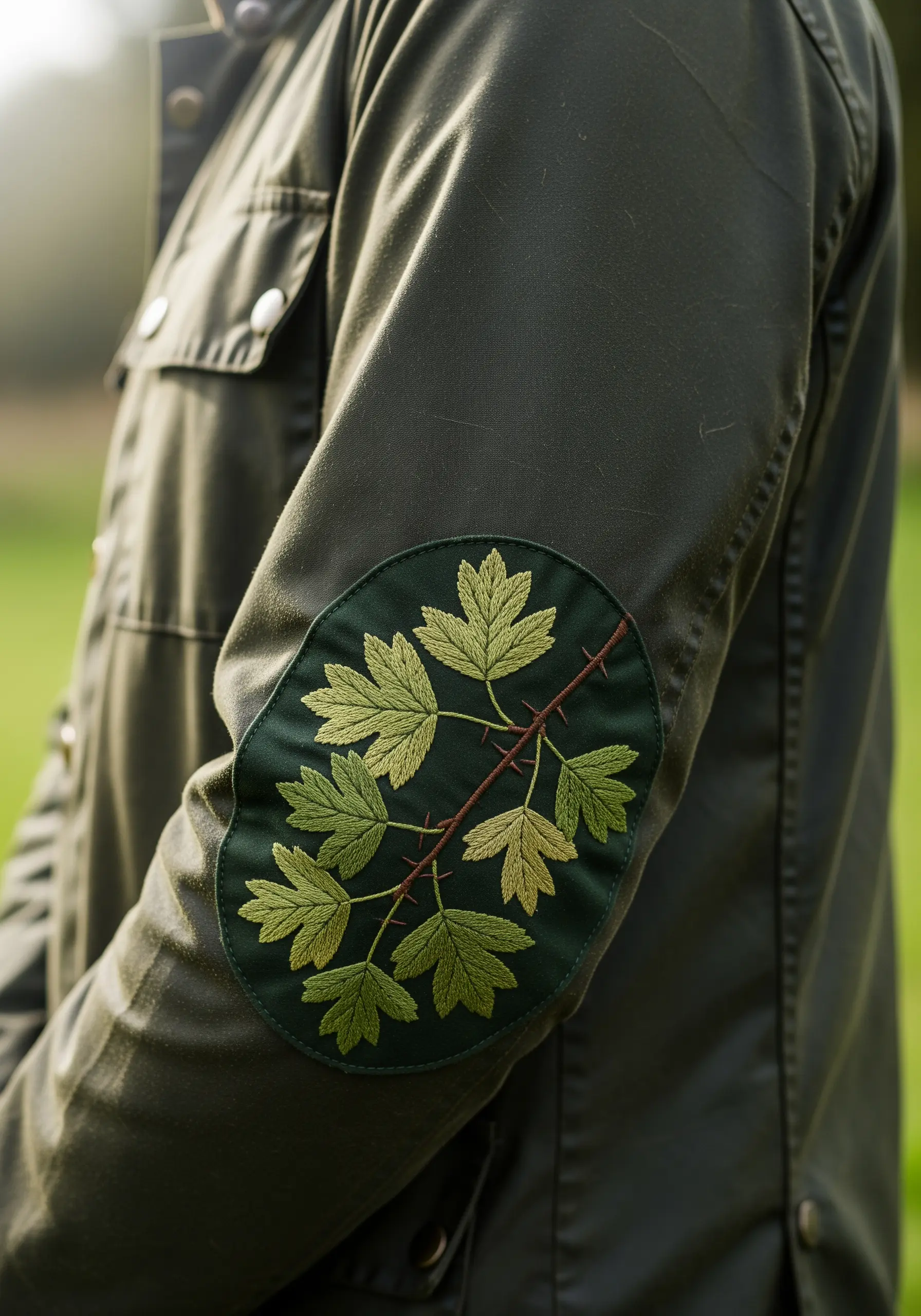 An embroidered elbow patch featuring a hawthorn branch with green leaves.