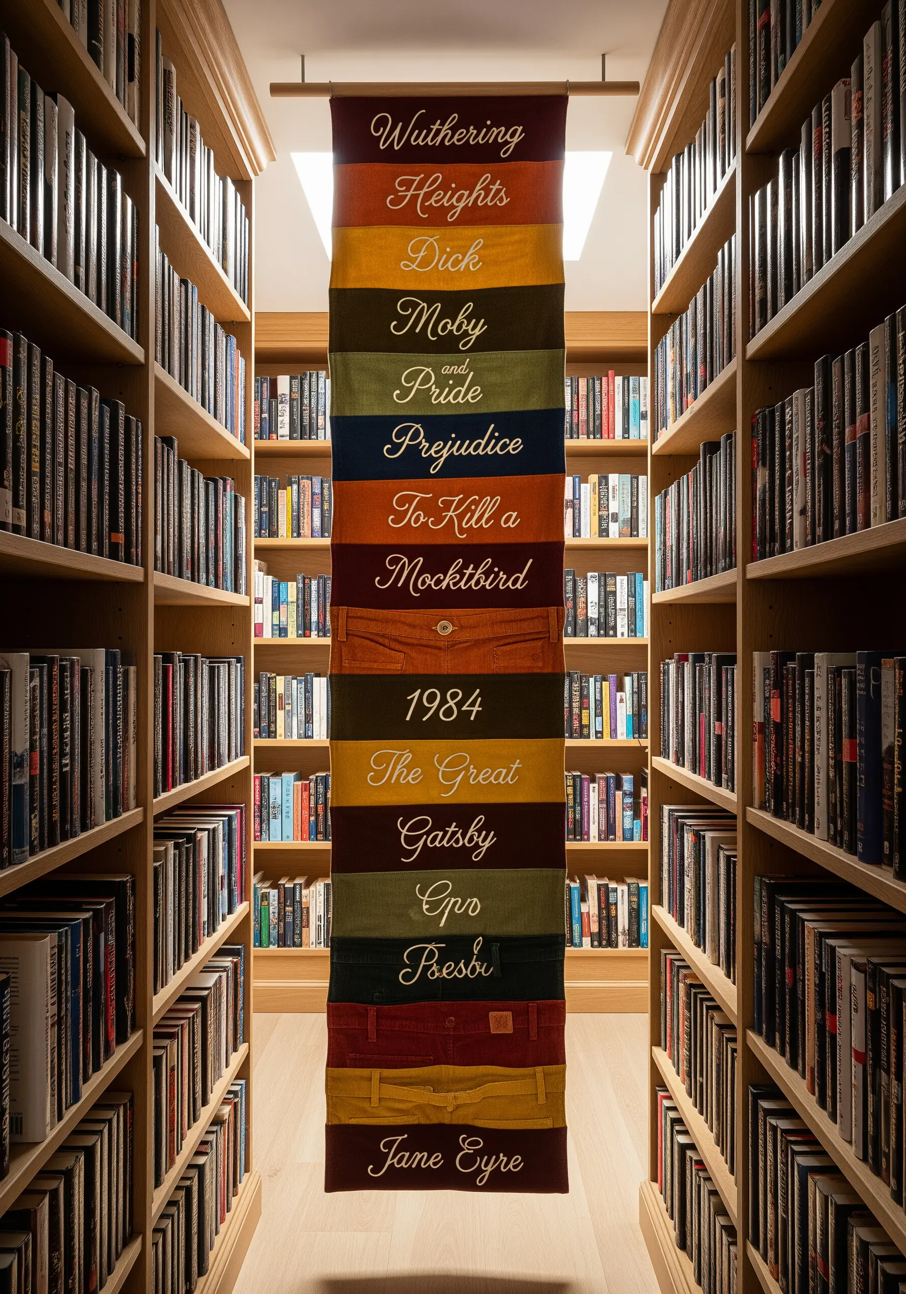 A long wall hanging made of stacked trouser waistbands, each embroidered with a famous book title.