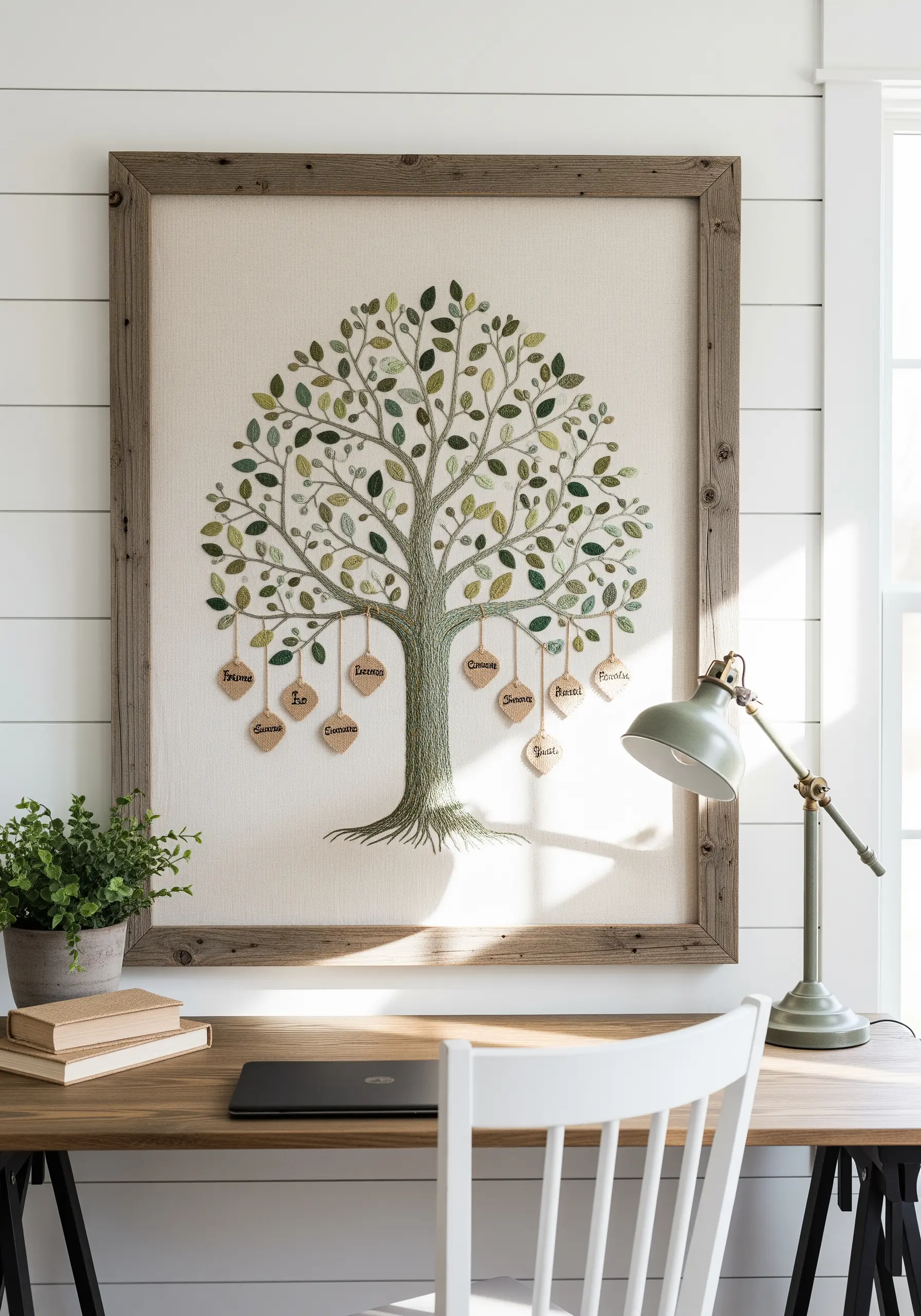 A large, framed family tree embroidered on linen with names on hanging burlap tags.