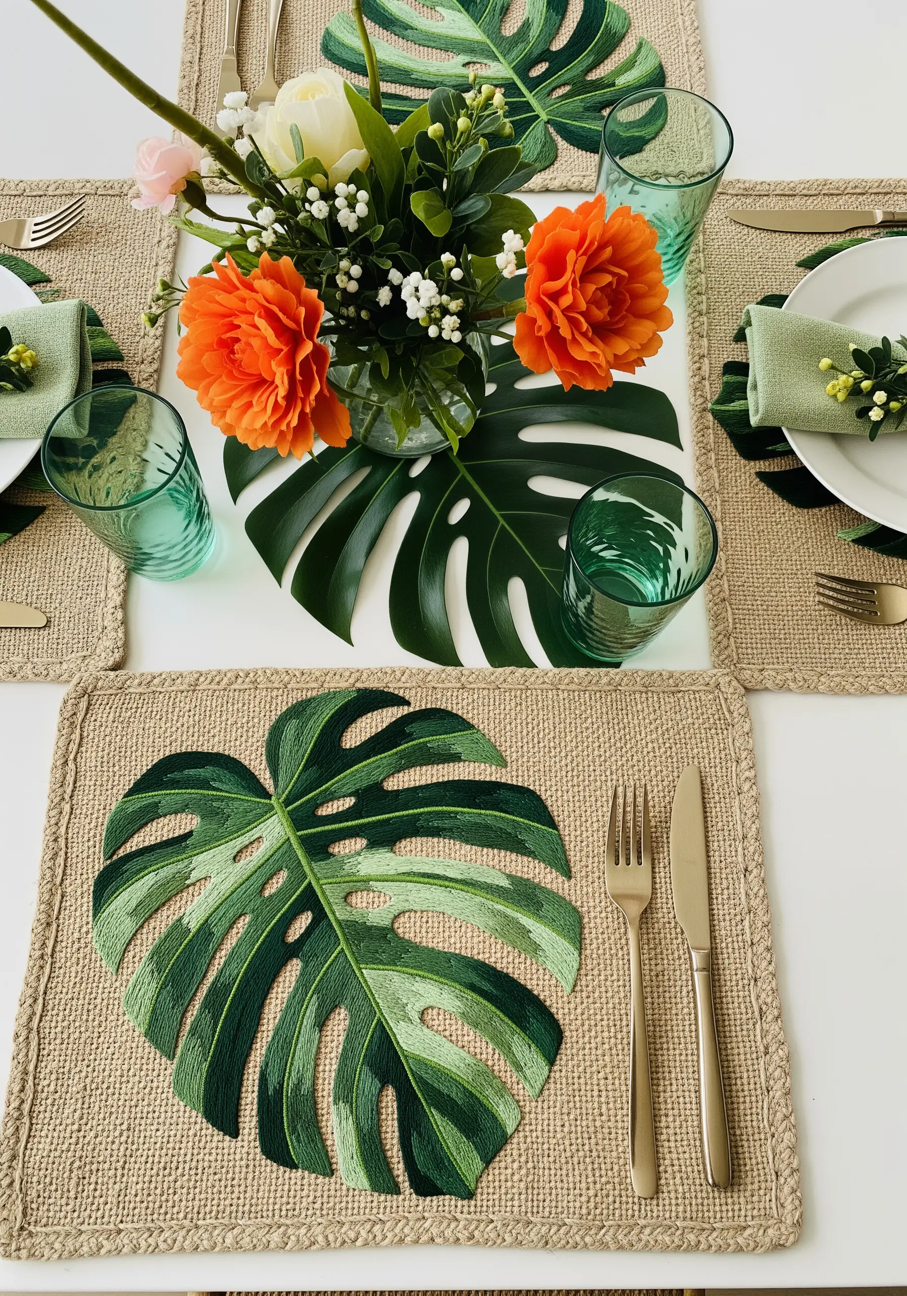 A woven placemat dominated by a large, beautifully embroidered monstera leaf in multiple green shades.