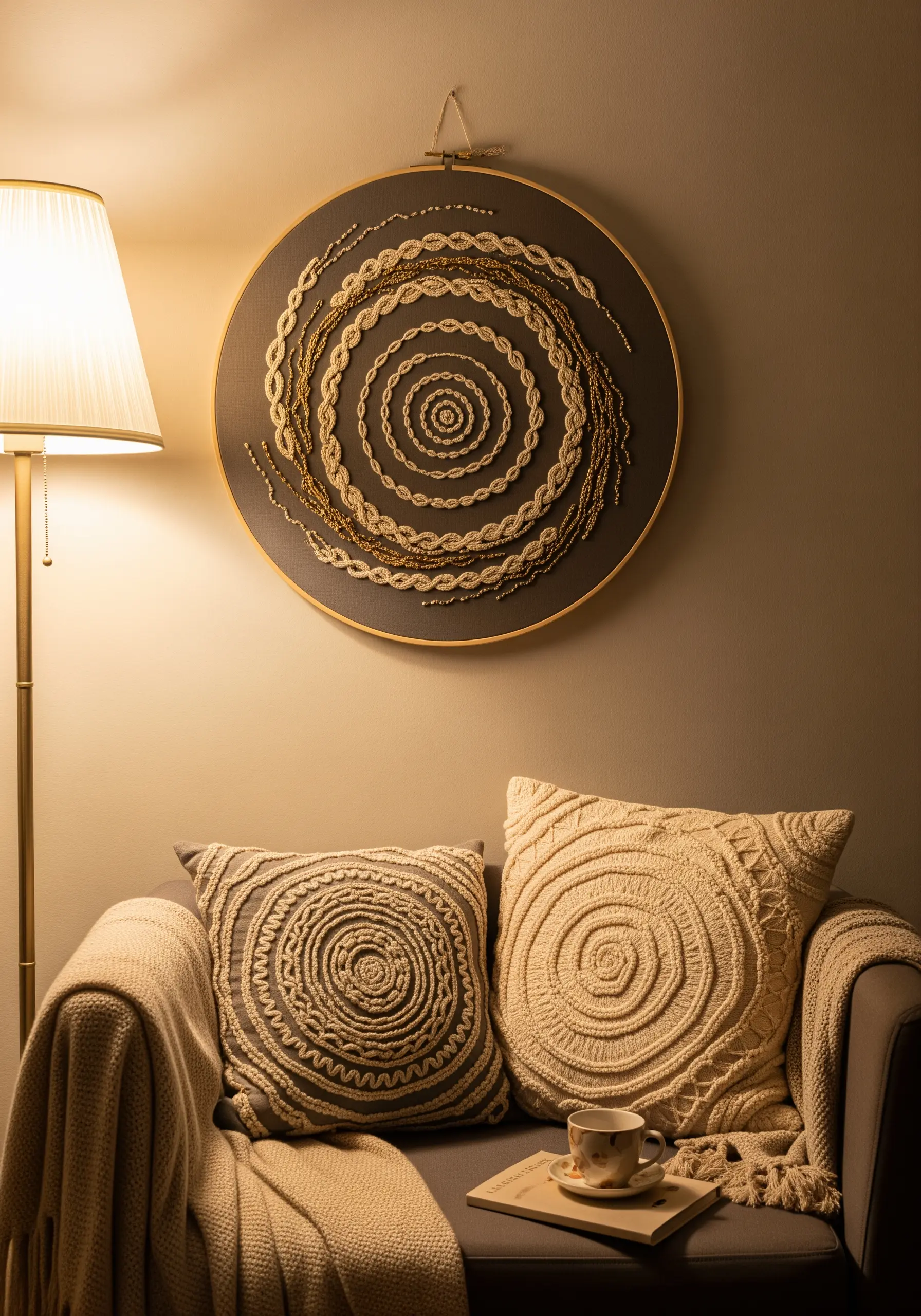 A large embroidery hoop featuring a textural mandala of concentric circles in neutral tones.