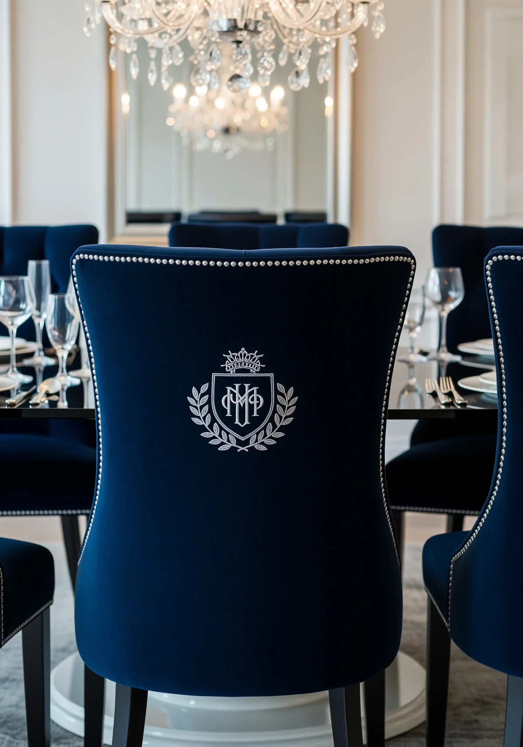 Silver monogram embroidered on the back of a royal blue velvet dining chair.