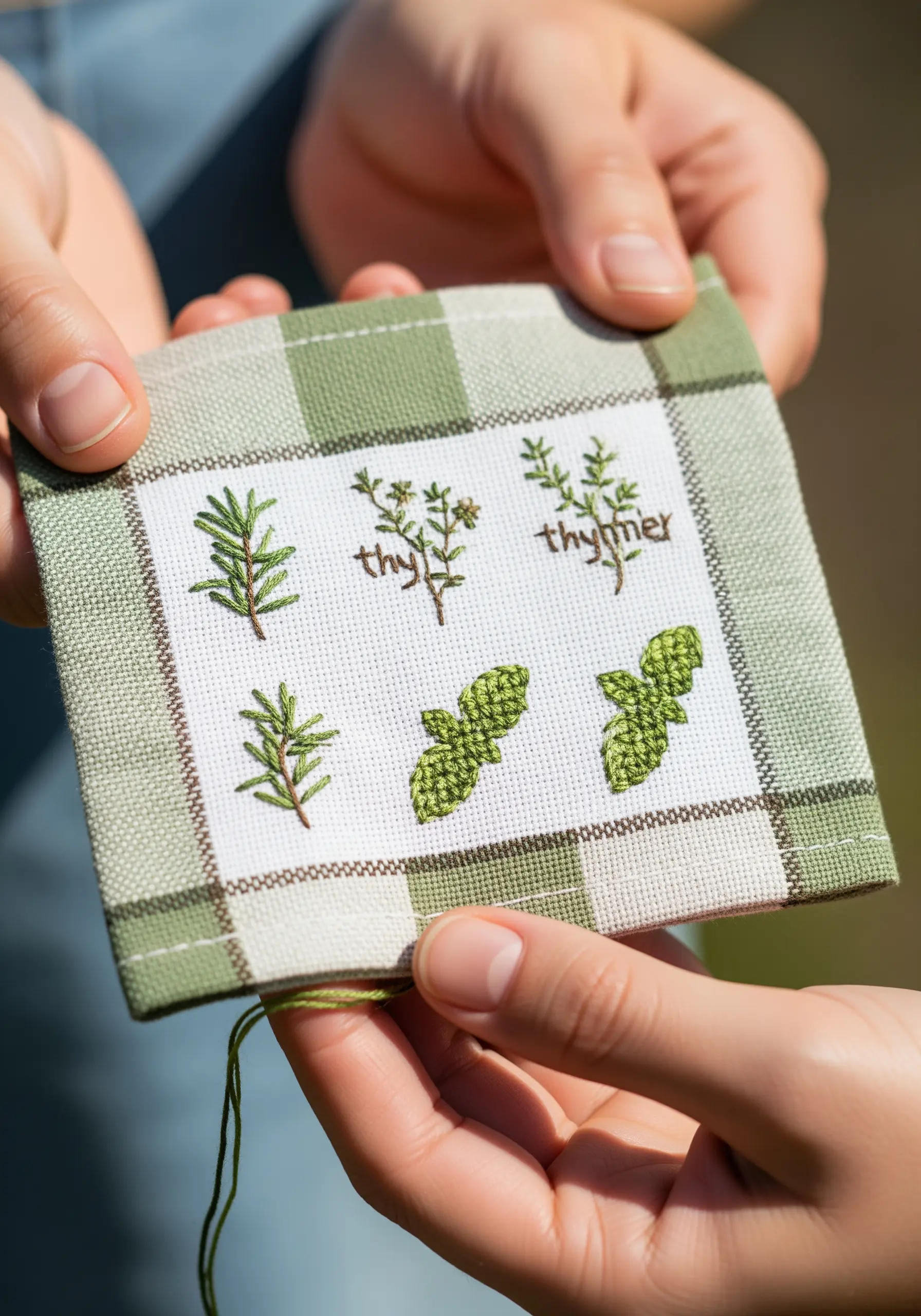 A small sampler featuring embroidered herbs like rosemary and thyme on patterned fabric.