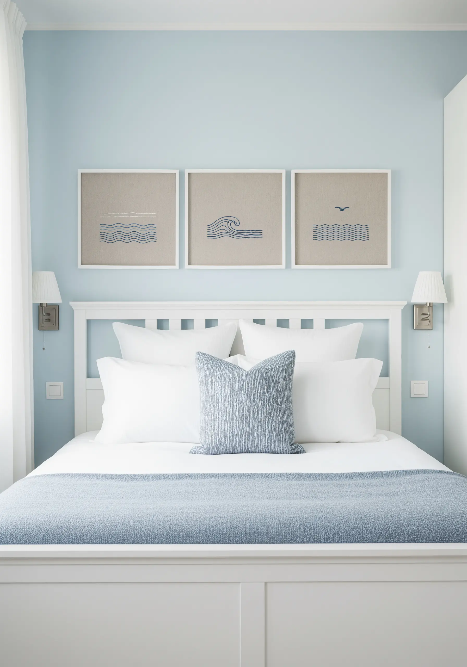 A set of three framed embroideries on linen, each showing a minimalist interpretation of ocean waves.
