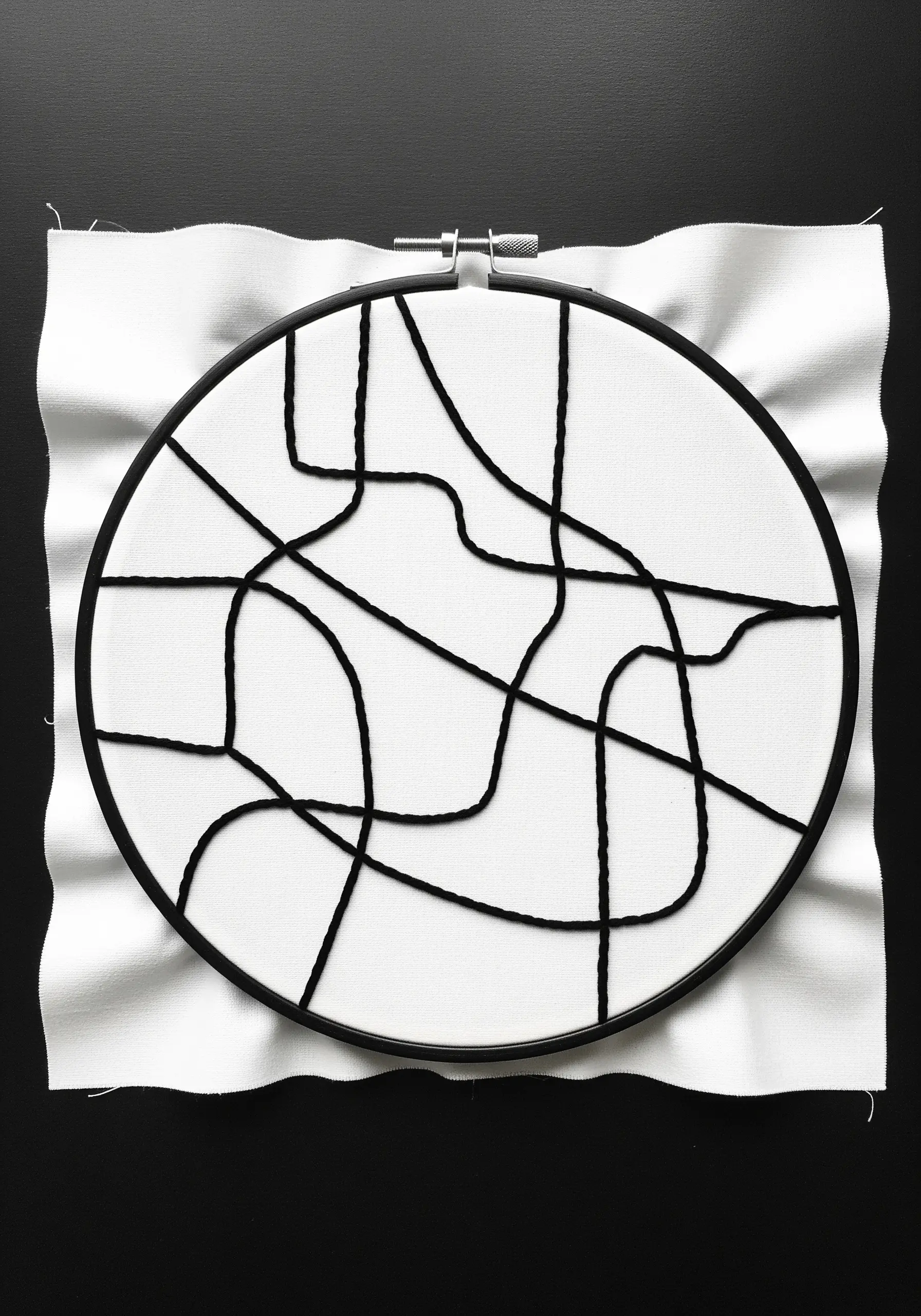 Abstract line art in a hoop using thick black yarn on white fabric.