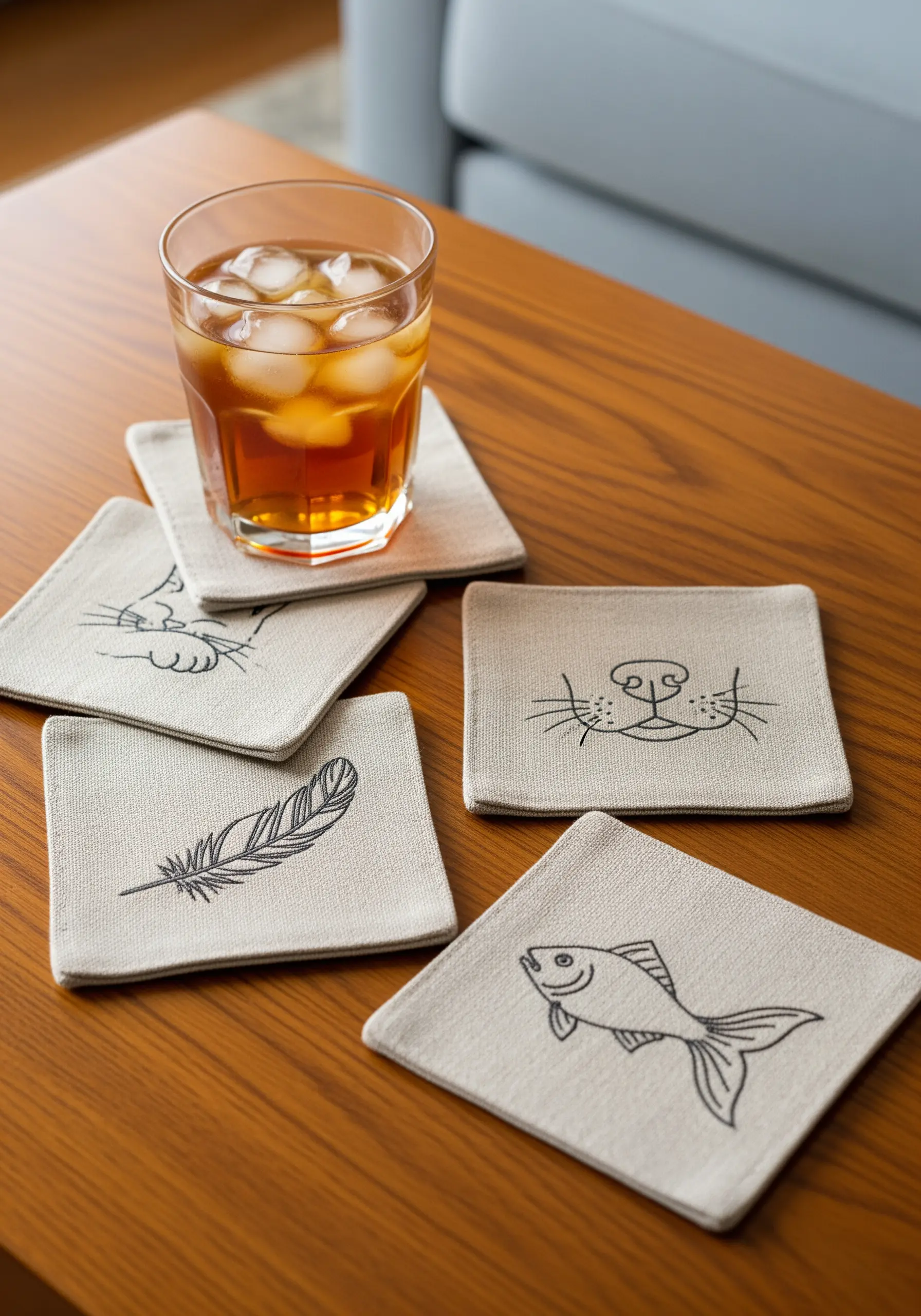 A set of four linen coasters, each with a simple line art animal motif.