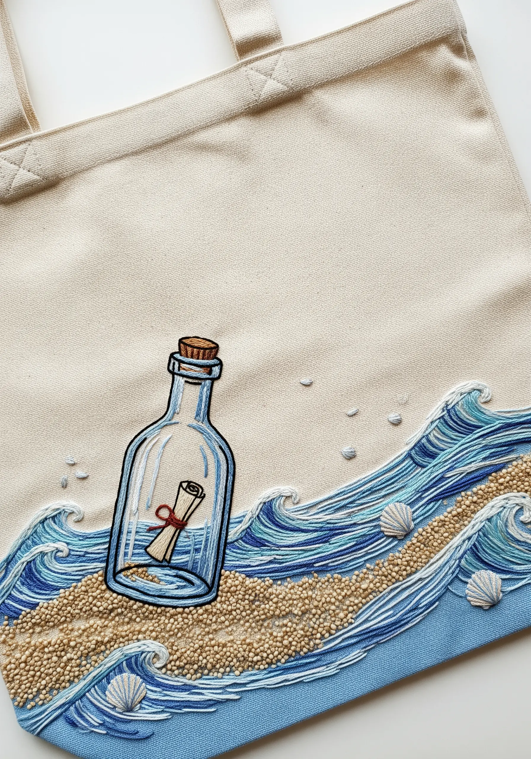 Embroidered message in a bottle with beaded sand and layered stitching for the ocean waves.