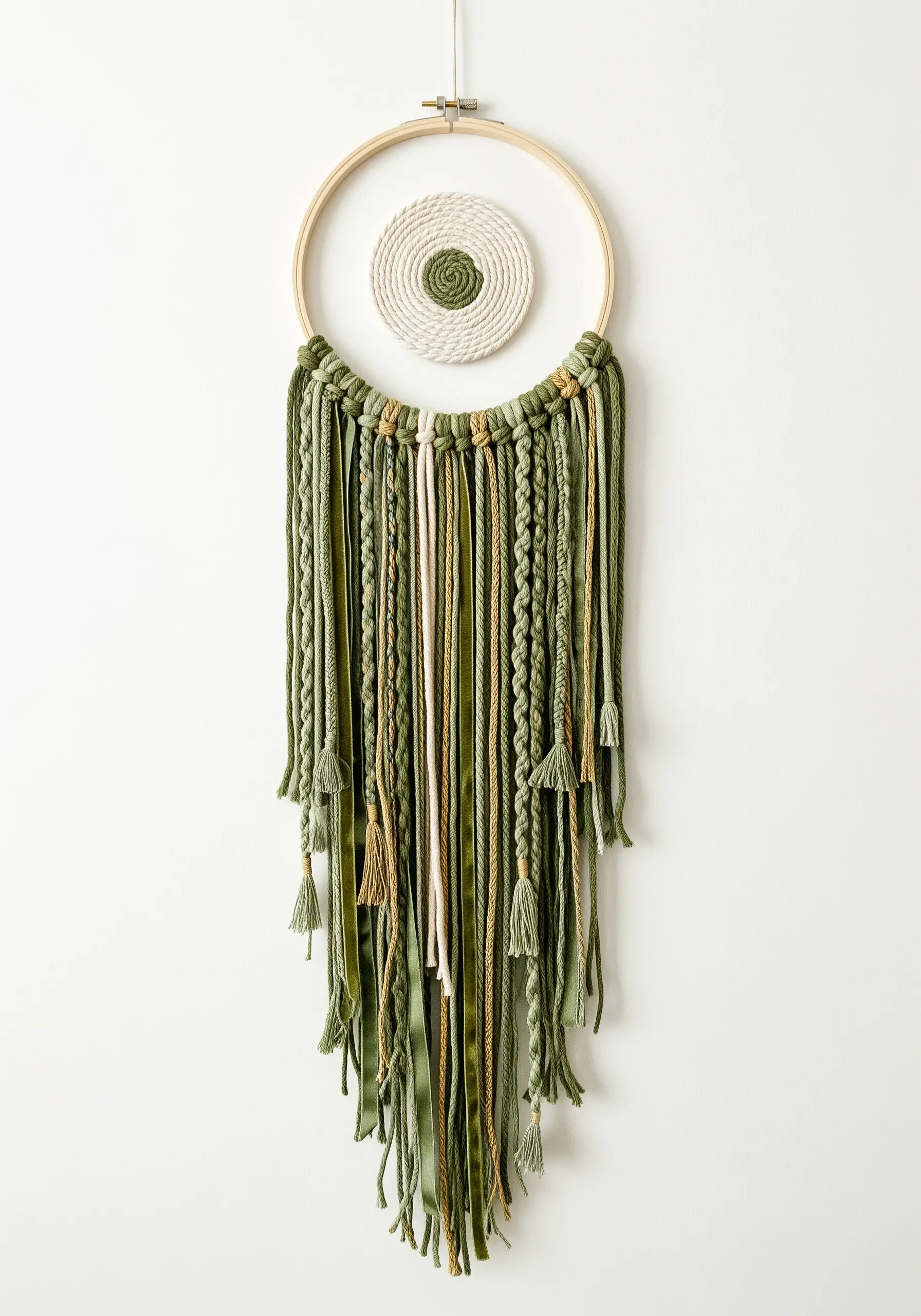 A modern dreamcatcher with an off-center woven medallion and a cascade of green and gold fibers.