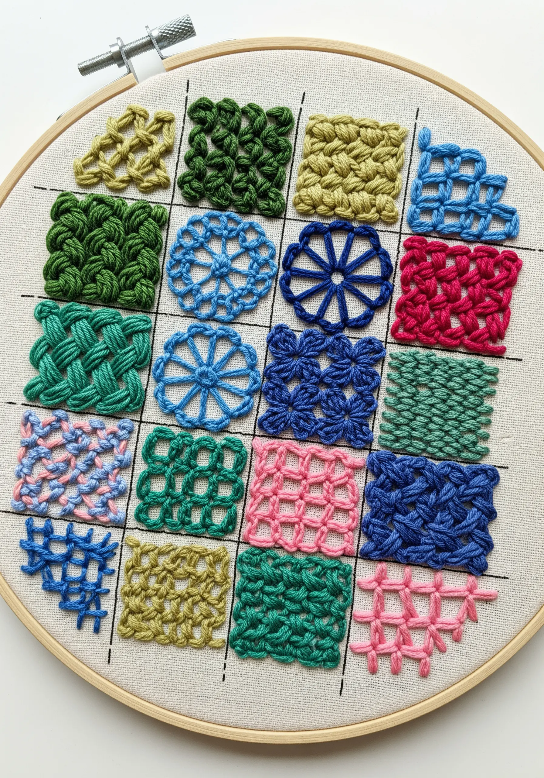 A sampler grid showcasing various woven and knotted filling stitches in multiple colors.