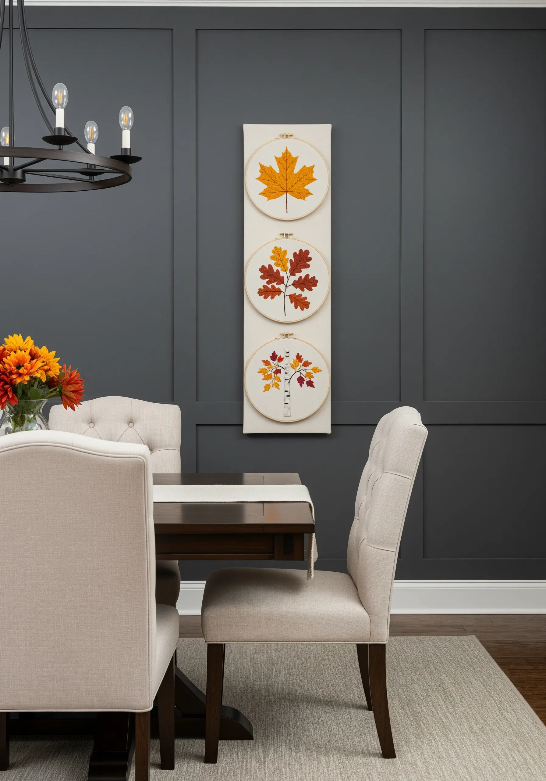 Three embroidery hoops with autumn leaves, mounted vertically on a canvas panel in a dining room.