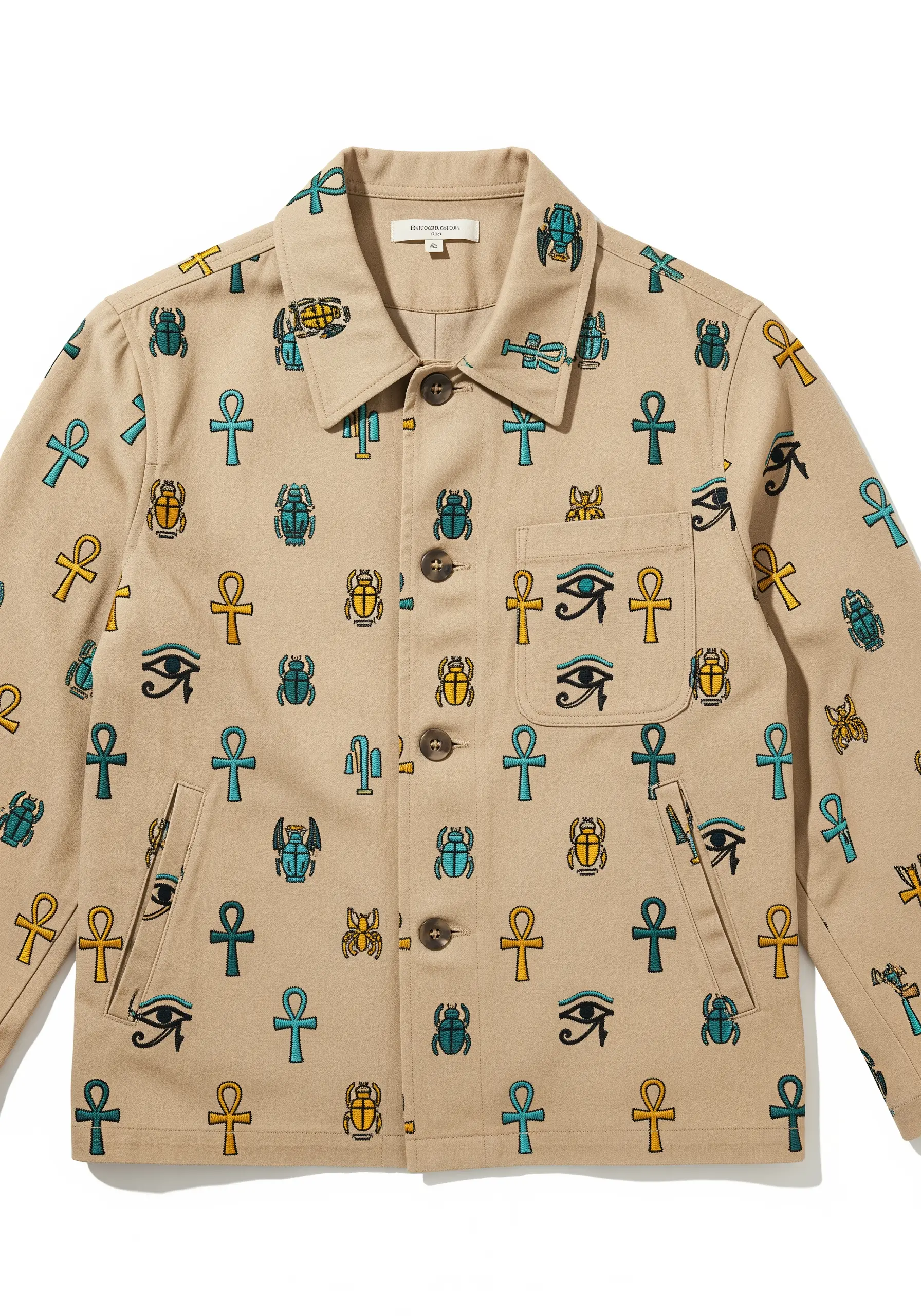All-over embroidery pattern of Egyptian hieroglyphs on a tan chore coat.
