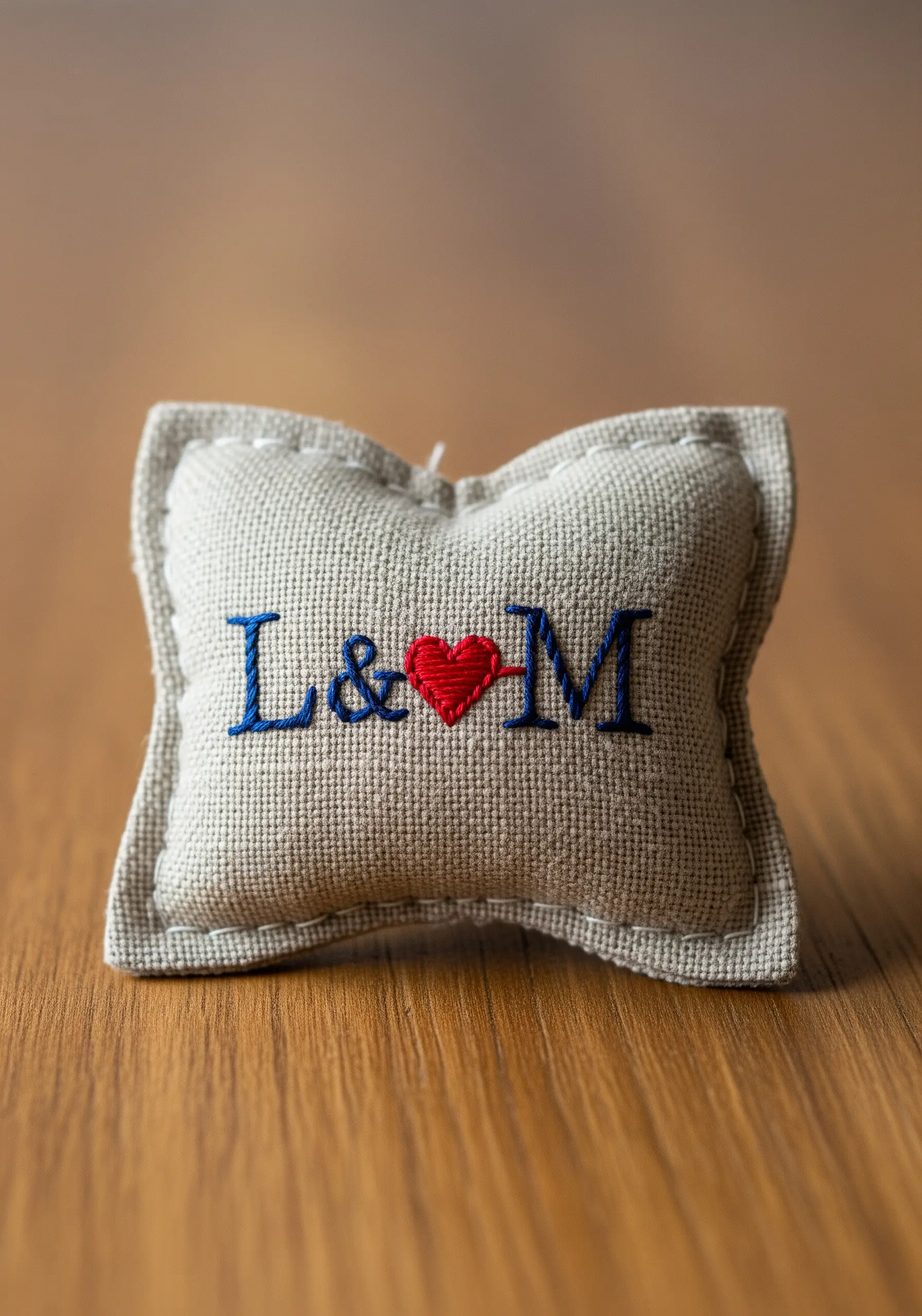 A small linen pillow embroidered with the initials 'L' and 'M' and a red heart.